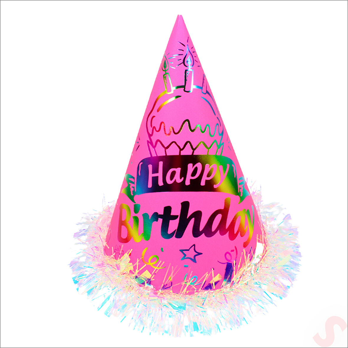 Hologram Happy Birthday Şapka, 24cm x 1 Adet - Pembe