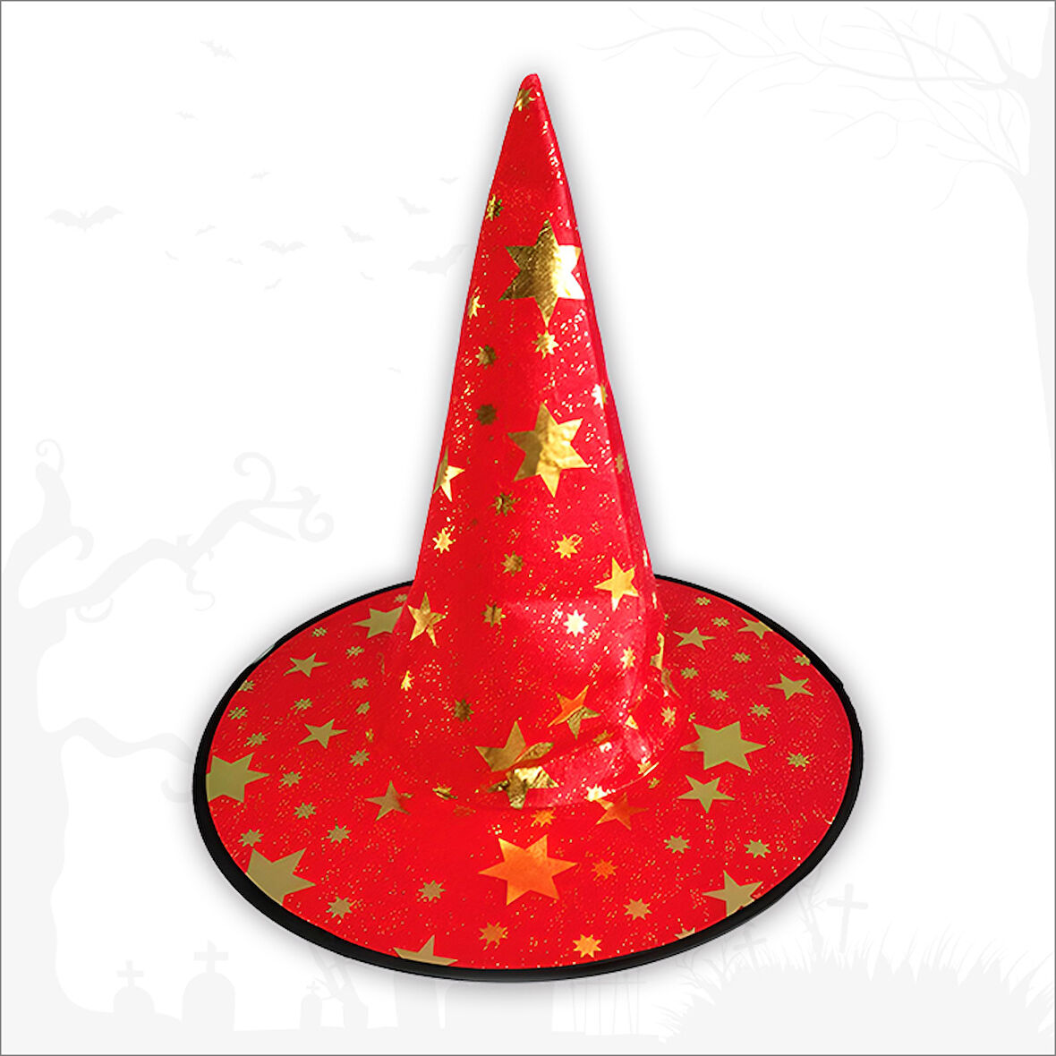Yıldız Desenli Hallloween Cadı Şapkası, 38cm - Kırmızı