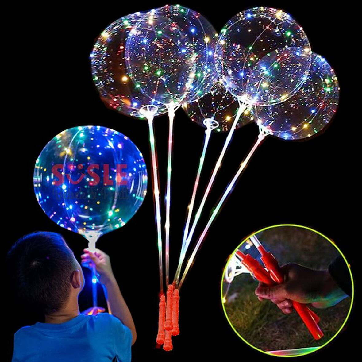 3 Mt Led Işıklı, Çubuklu, 45 cm Şeffaf Balon Seti - 1 Adet