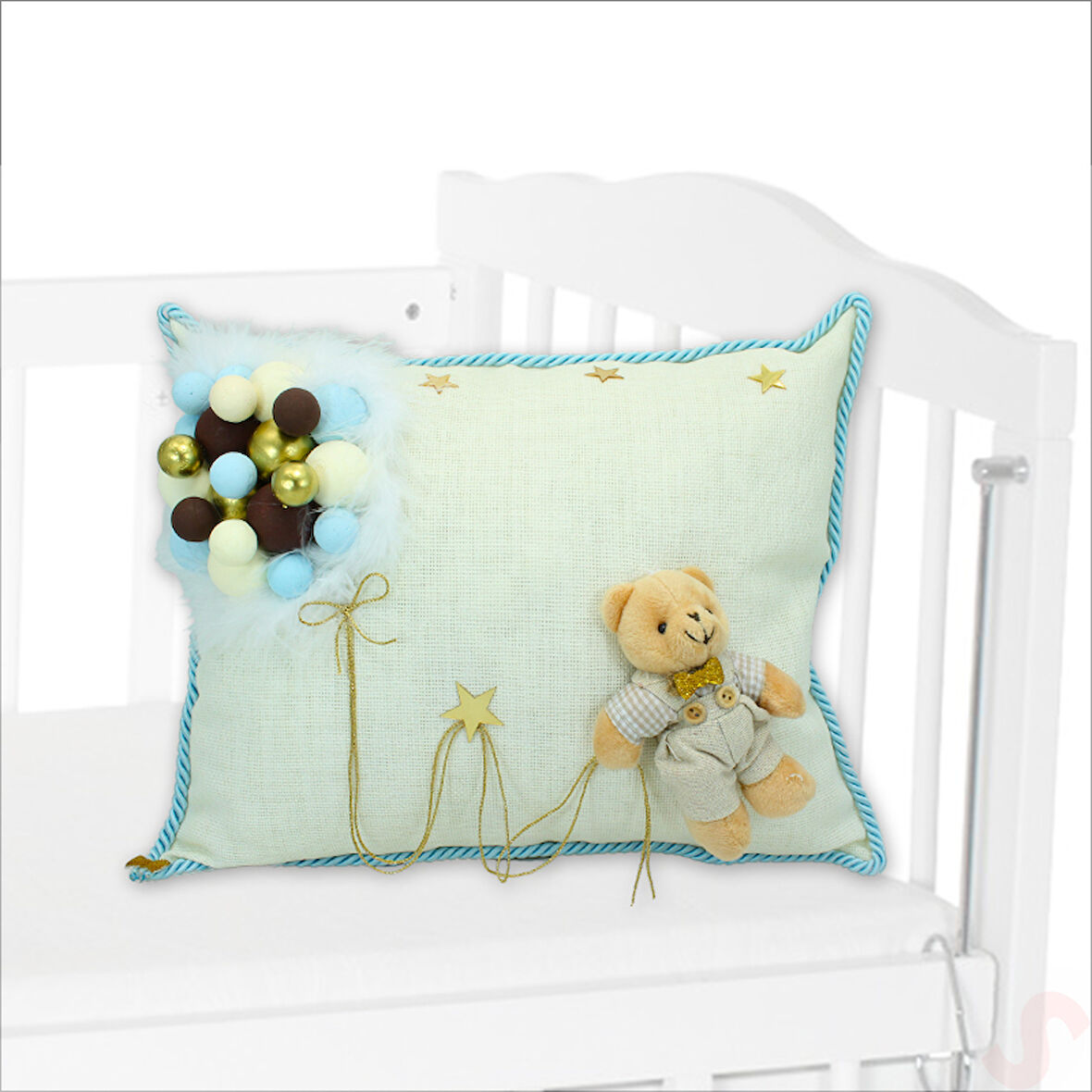 Takı Yastığı, Bubble ve Pelüş Ayıcık Süslemeli - Mavi