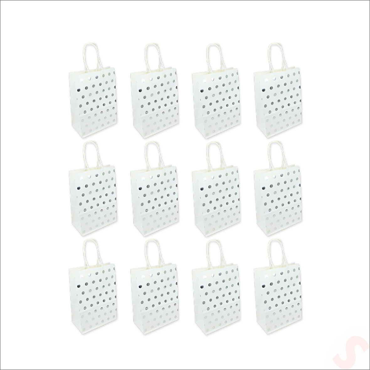 Gümüş Puanlı Beyaz Karton Çanta, 21 x 15 x 8 cm - 12 Adet