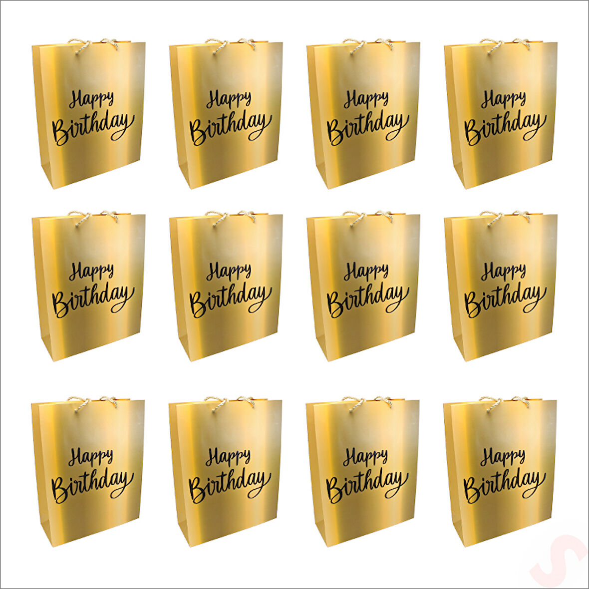 Happy Birthday Altın Karton Çanta, 32 x 26 x 10 cm - 12 Adet