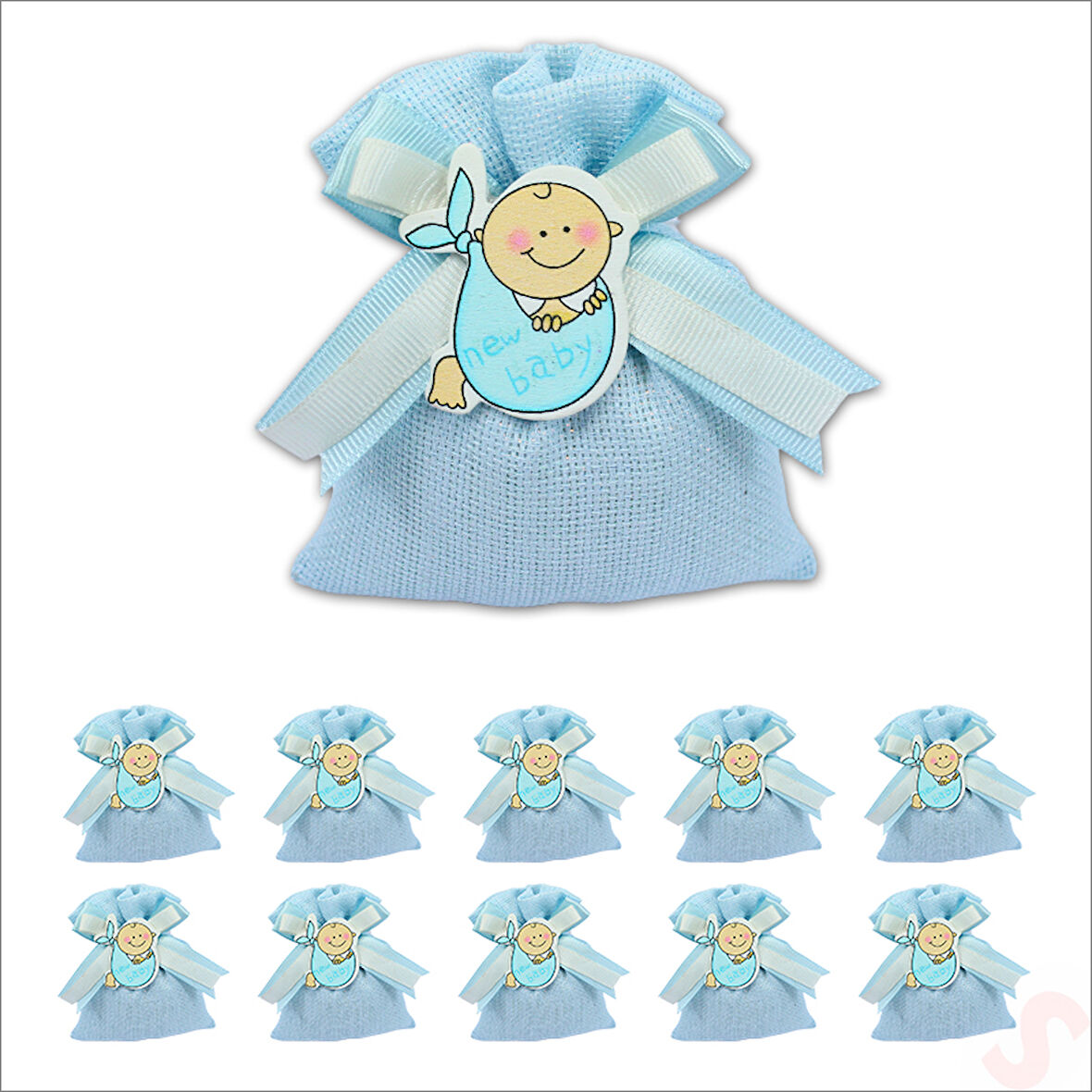 Lavantalı Keten Kese 11cm x 10cm - Mavi, 10 Adet