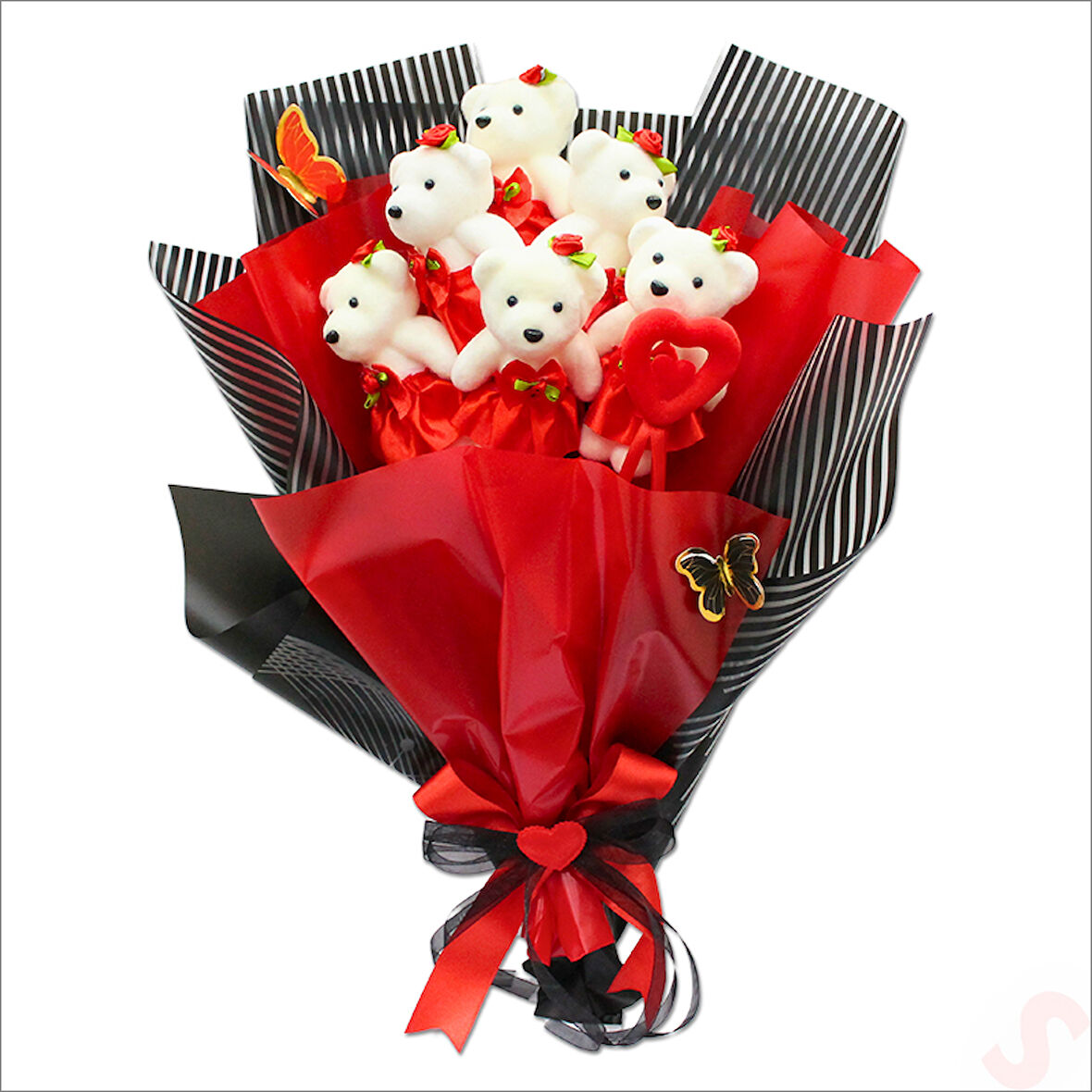 6 Ayıcıklı Buket, 55cm x 35cm - Kırmızı