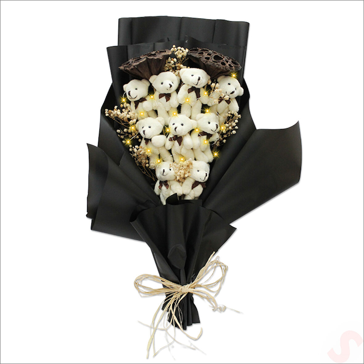 9 Pelüş Ayıcıklı, Kuru Çiçekli ve Led Işıklı Buket, 54x36cm