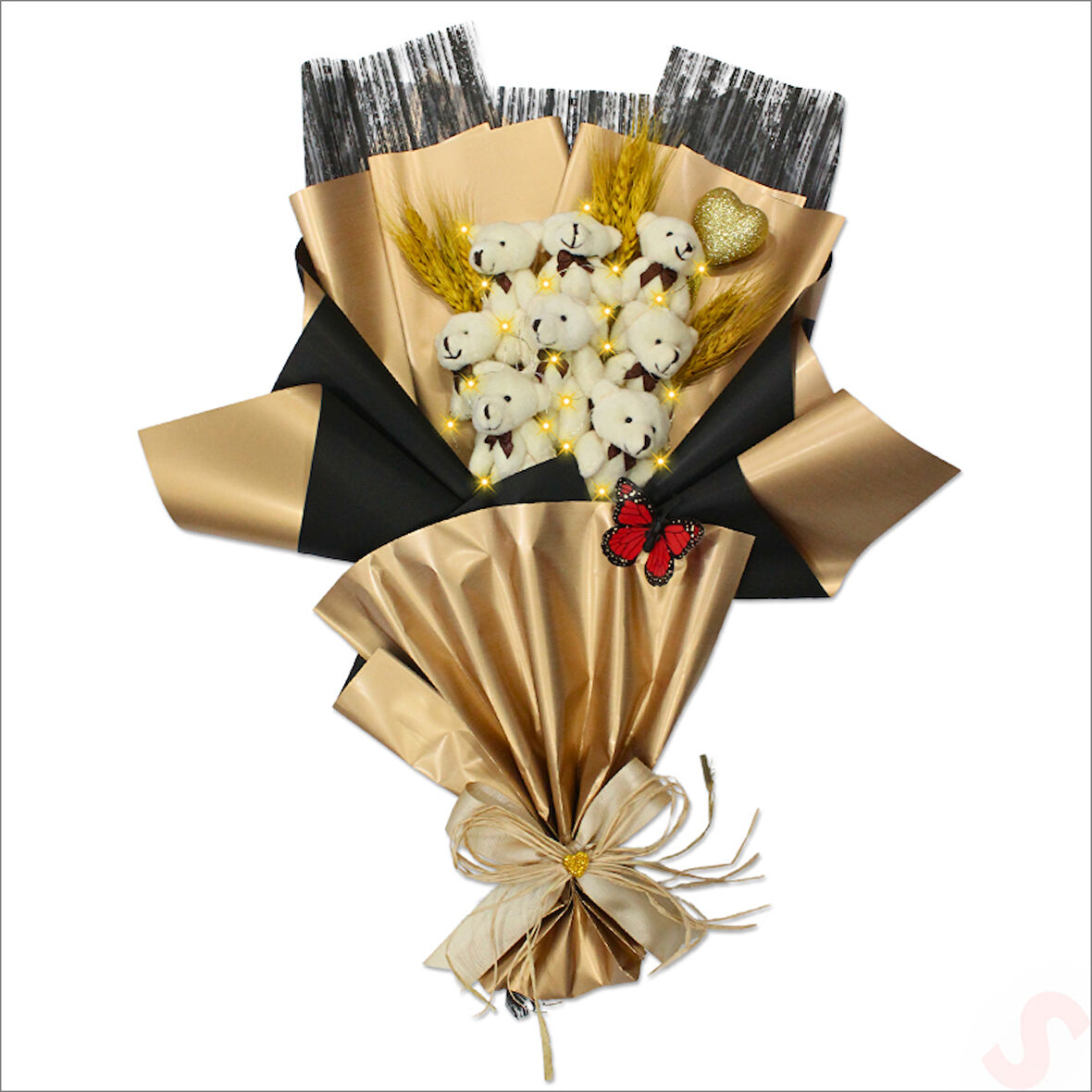 8 Pelüş Ayıcıklı, Kuru Çiçekli ve Led Işıklı Buket, 59x40cm