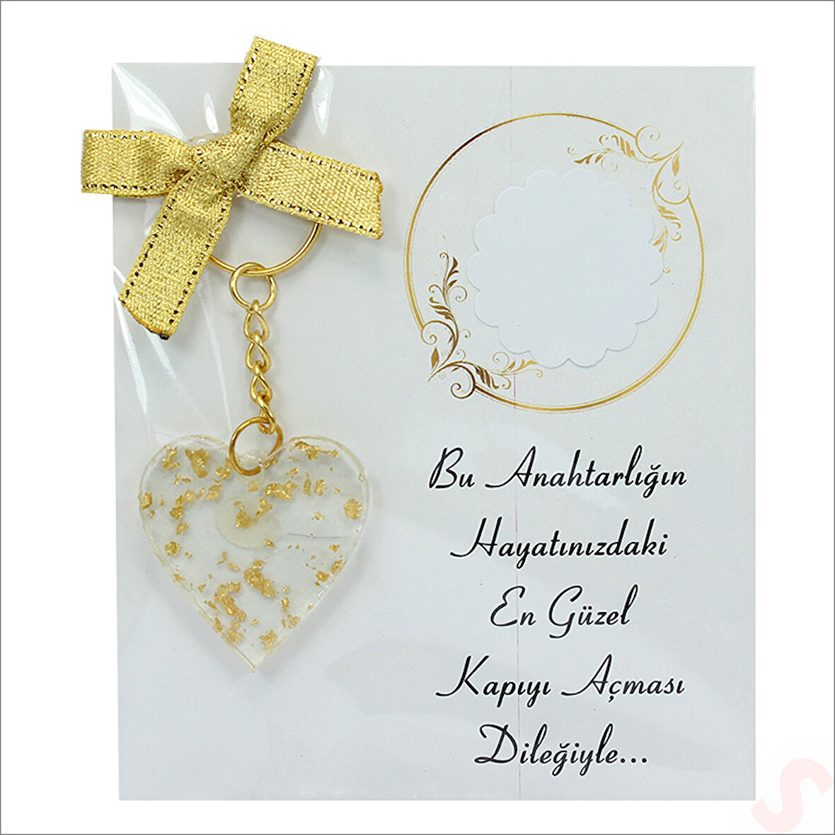 Kartlıklı Epoksi Kalp Anahtarlık, Altın - 1 Adet