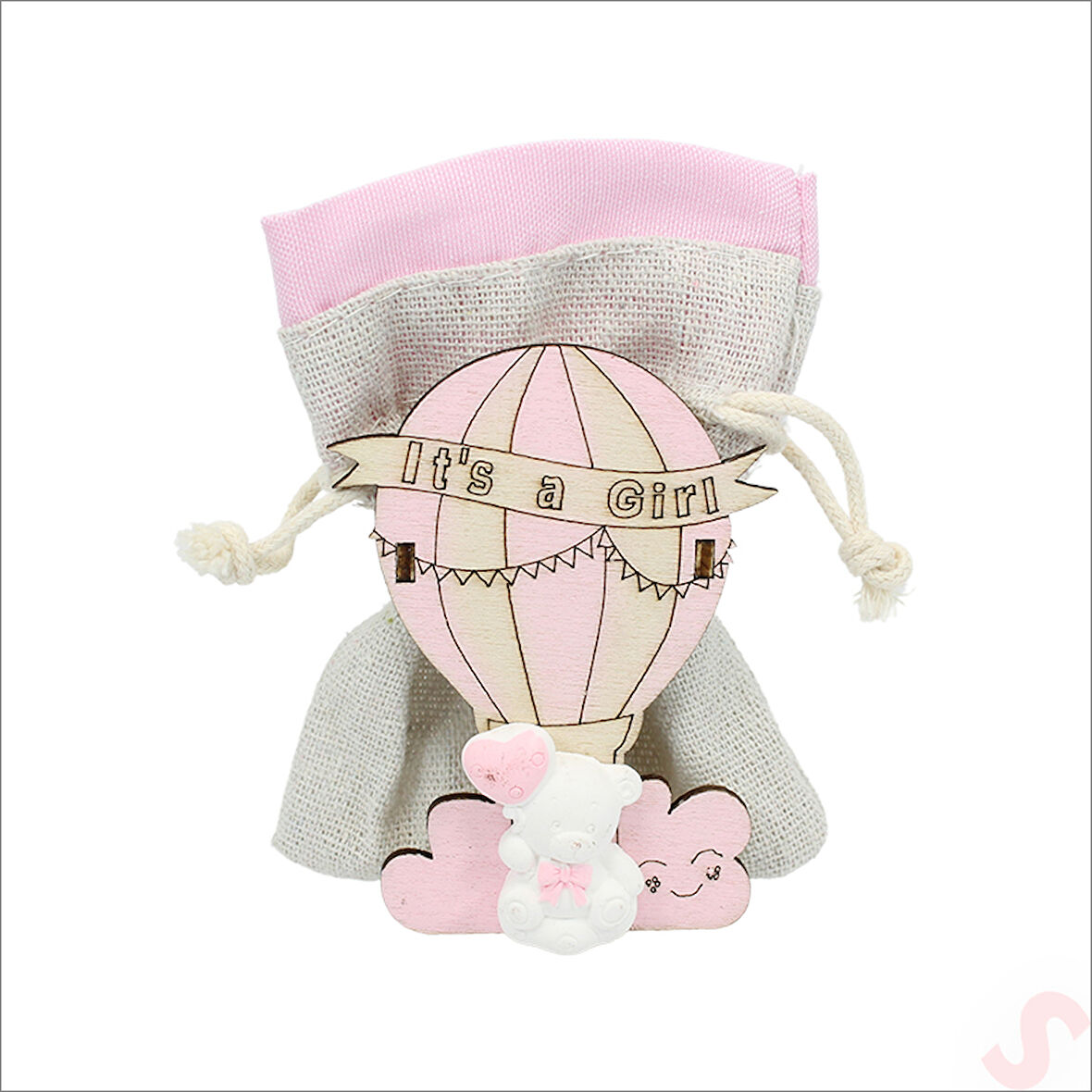 Ahşap Standlı 10cm x 8cm KESE, Pembe Uçan Balon - 1 Adet