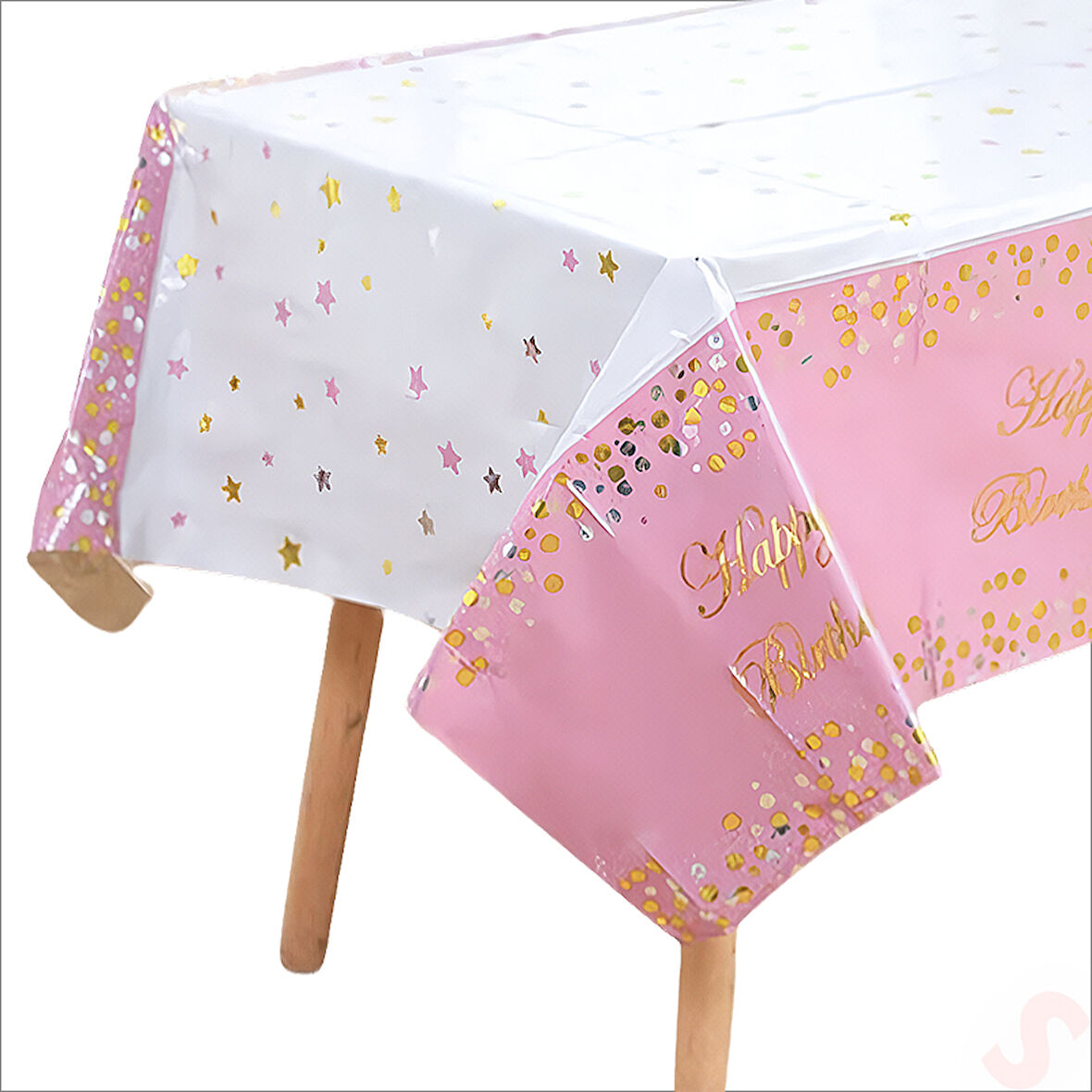 Happy Birthday Altın Baskılı Masa Örtüsü, 137cm x 183cm - Pembe