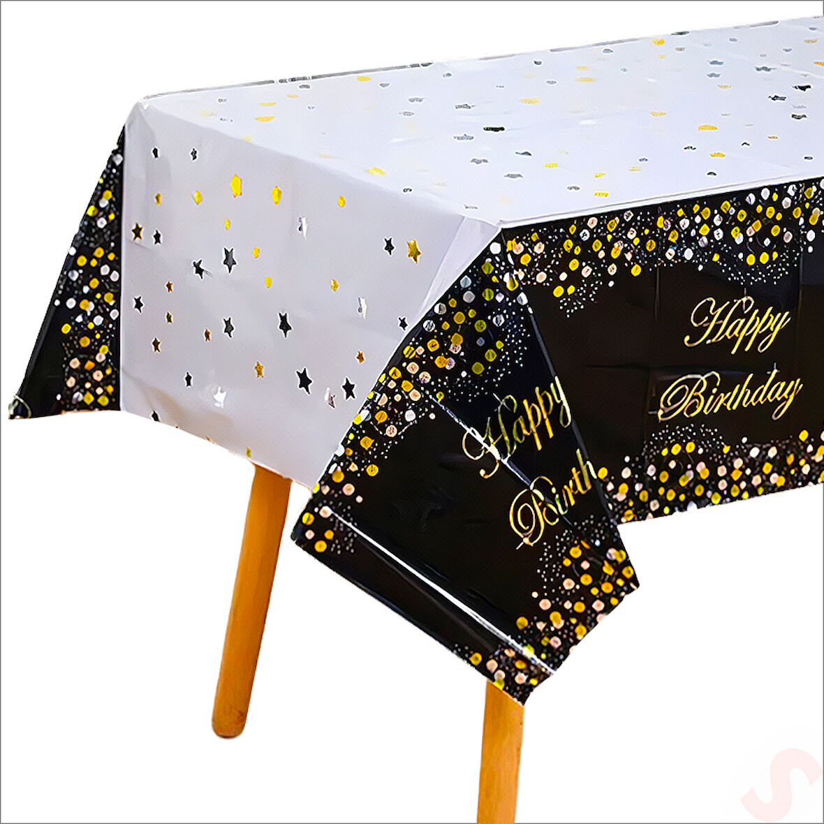 Happy Birthday Altın Baskılı Masa Örtüsü, 137cm x 183cm - Siyah