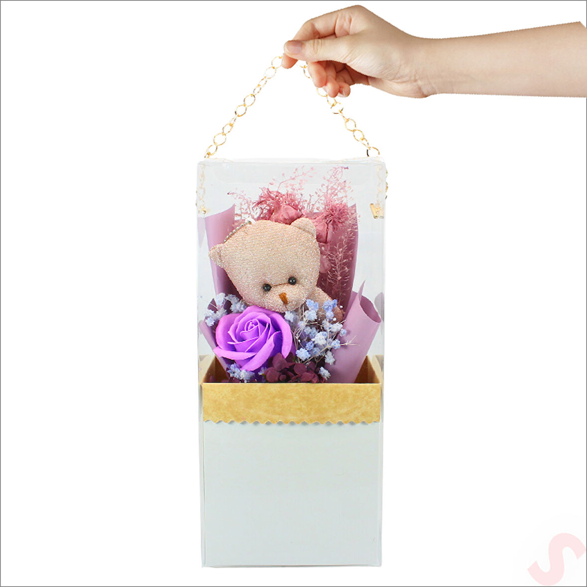 PVC Kutulu,Pelüş Ayıcık ve Mor Güllü Kuru Çiçek Buketi 26cmx11cm