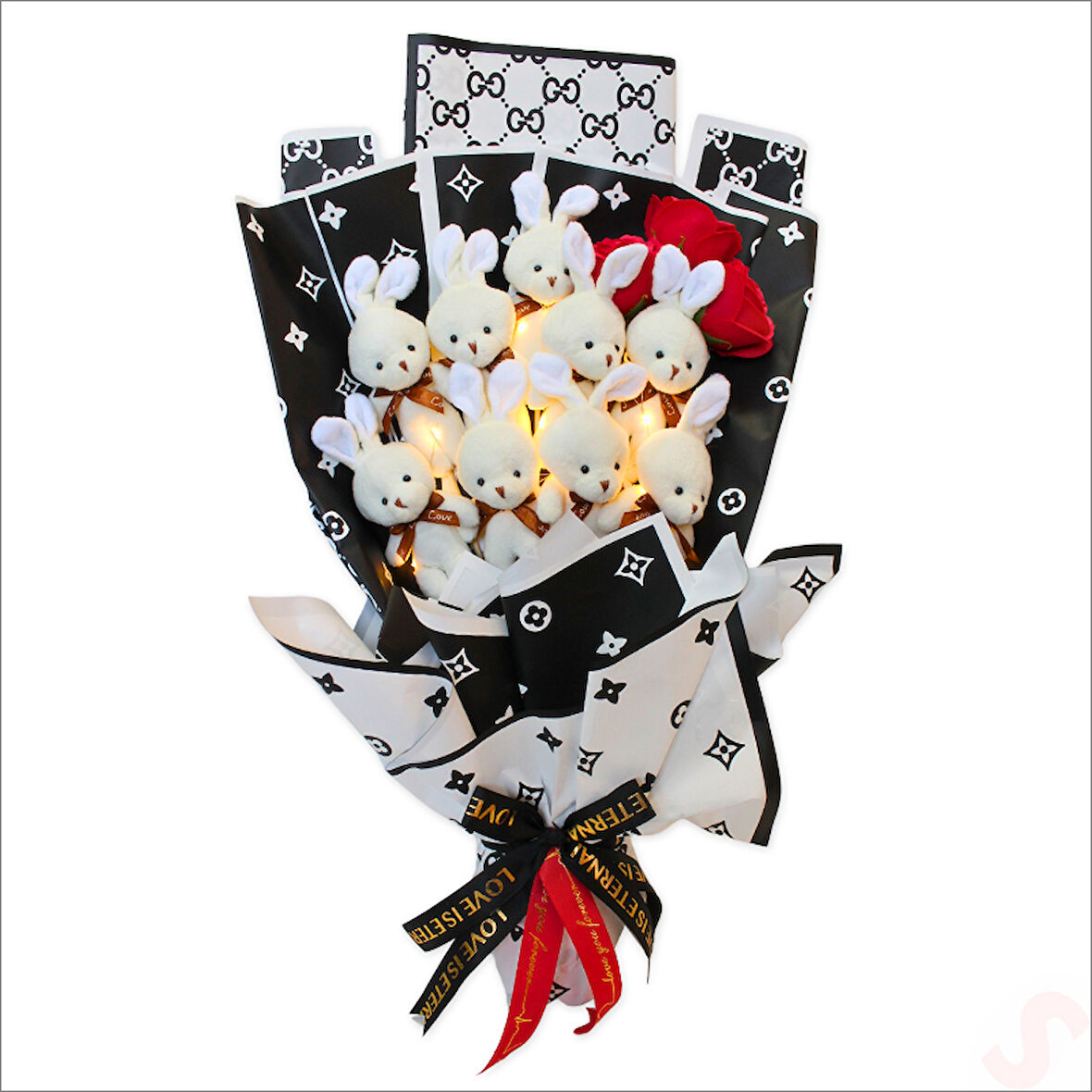 9 Beyaz Pelüş Tavşanlı Led Işıklı Siyah Buket, 65cm x 45cm