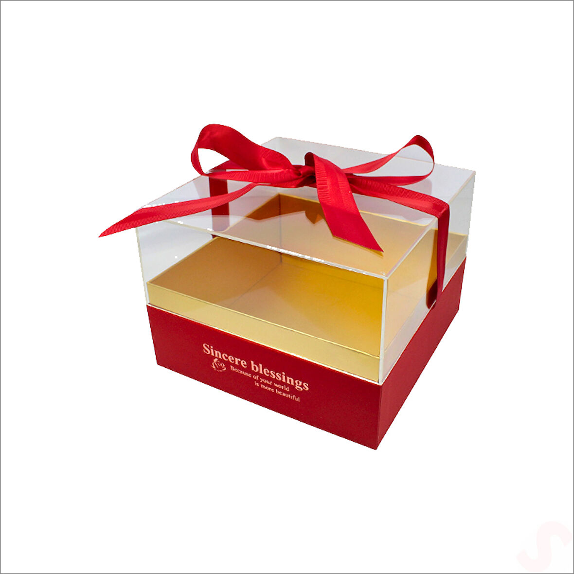 Pleksi Kapaklı Fiyonklu Karton Kutu, 20 x 20 x 14cm - Kırmızı