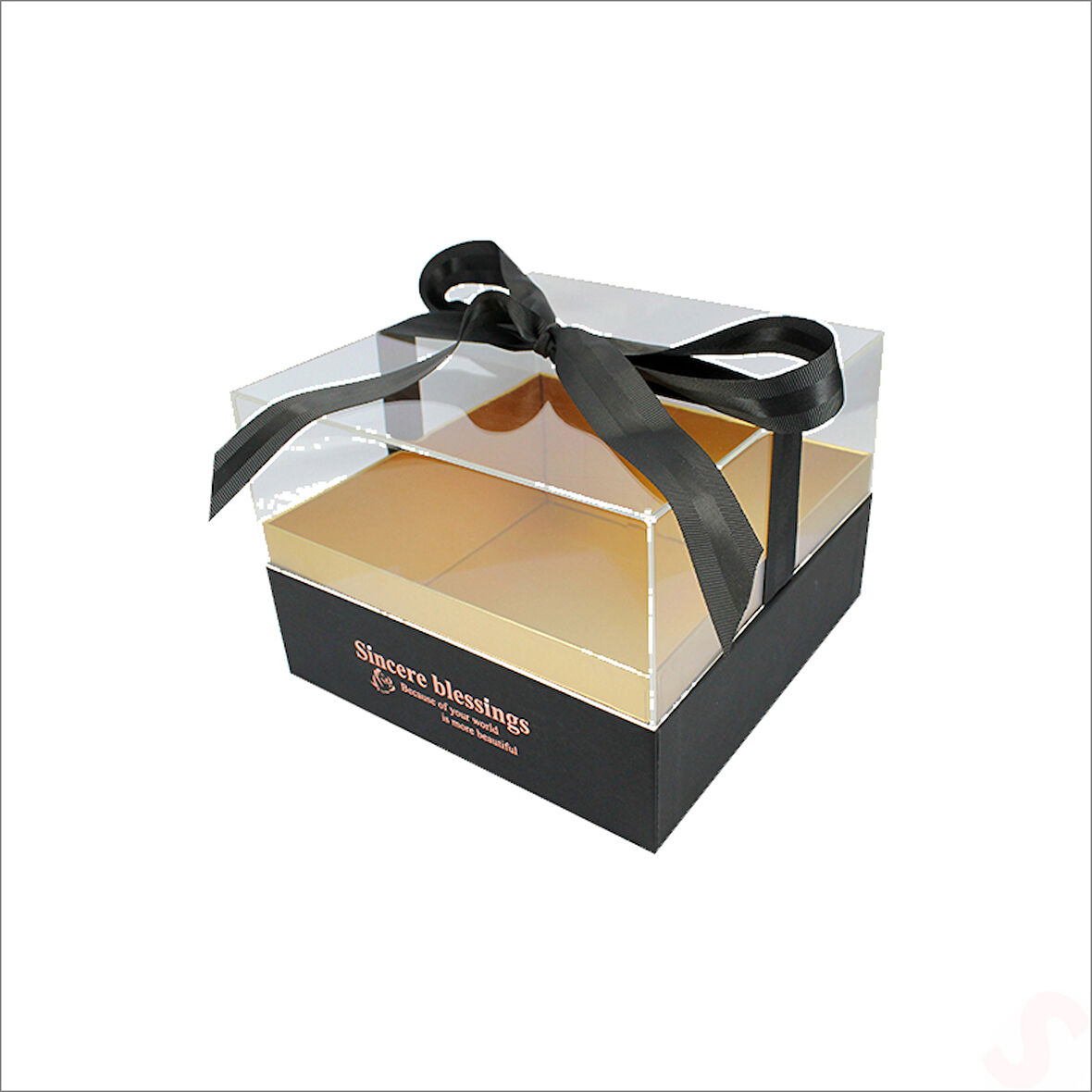 Pleksi Kapaklı Fiyonklu Karton Kutu, 20 x 20 x 14cm - Siyah