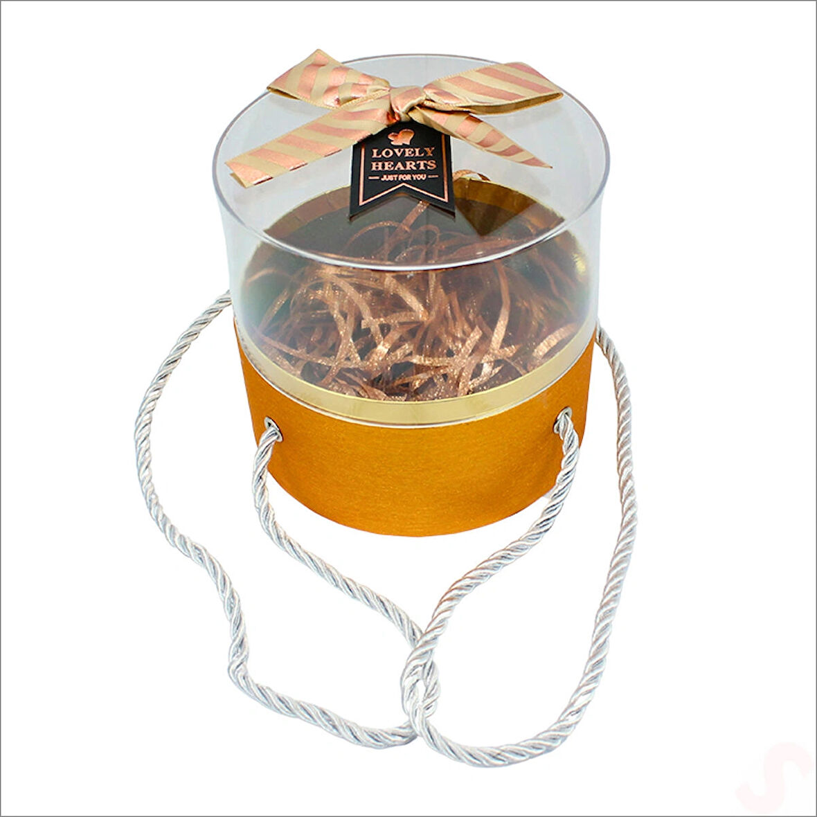 Pleksi Kapaklı Fiyonklu ve Dolgulu Karton Kutu, 20cm - Altın