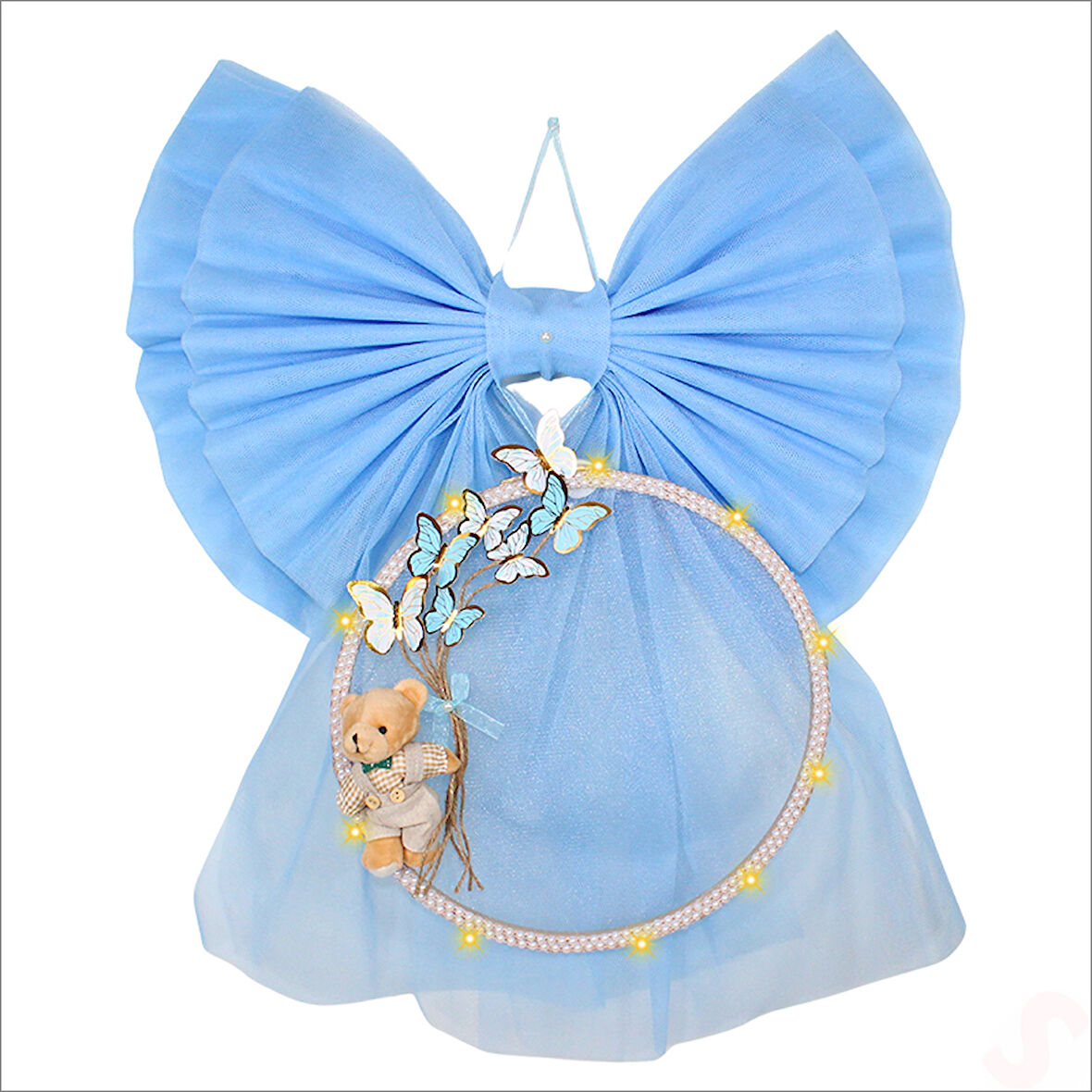 Kasnaklı Tül Fiyonk ve Ayıcıklı 70cm x 55cm Kapı Süsü - Mavi