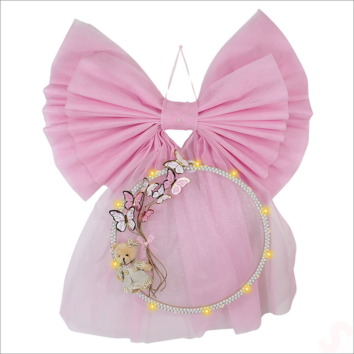 Kasnaklı Tül Fiyonk ve Ayıcıklı 70cm x 55cm Kapı Süsü - Pembe