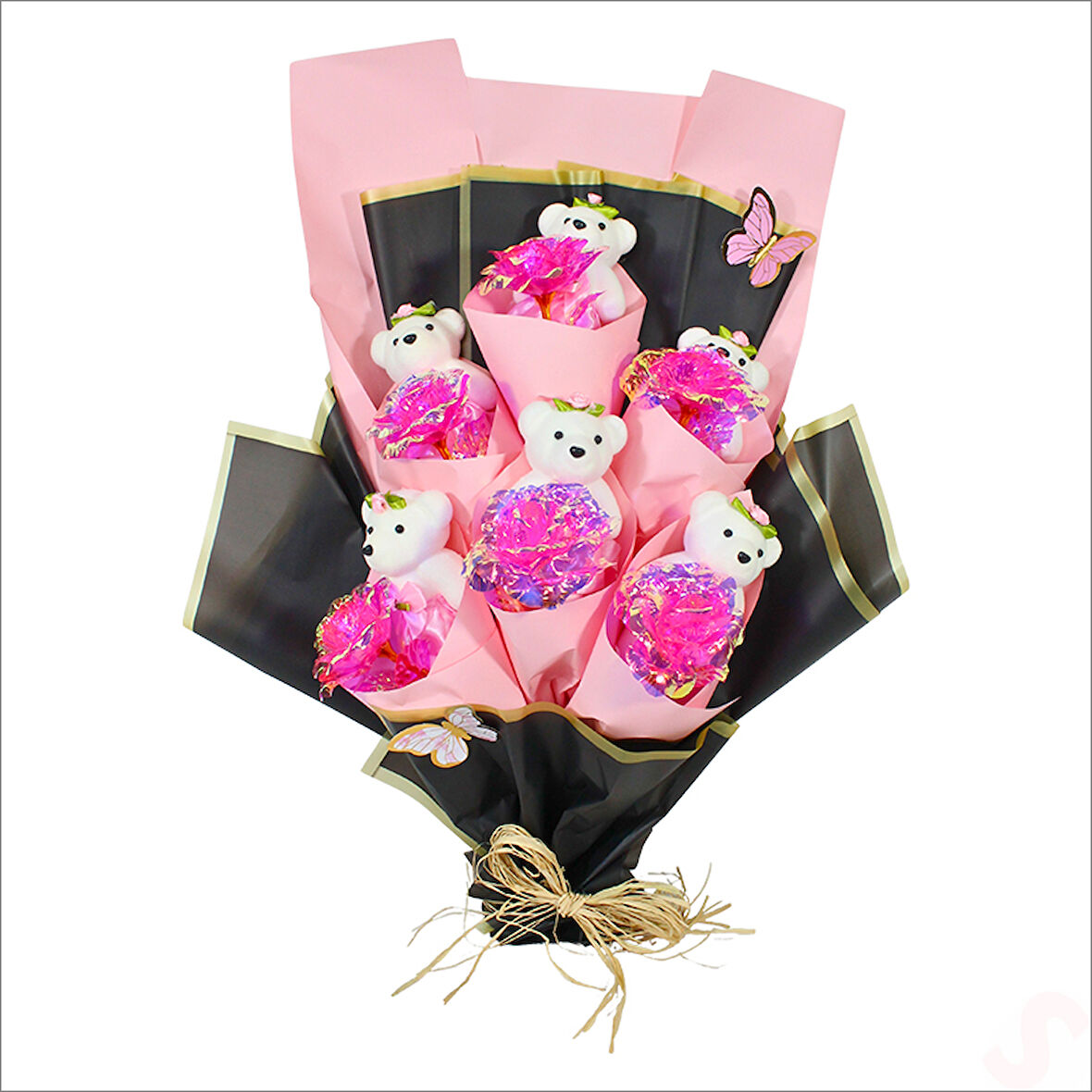 Sonsuzluk Güllü ve Strafor Ayıcıklı Buket, 60cm x 40cm - Pembe