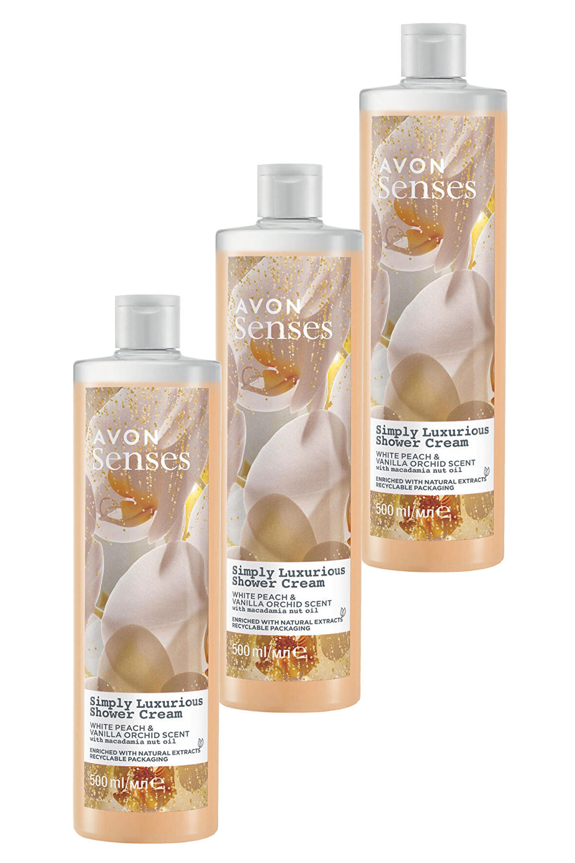 Avon Senses Simply Luxurious Beyaz Şeftali ve Vanilya Kokulu Krem Duş Jeli 500 Ml. Üçlü Set
