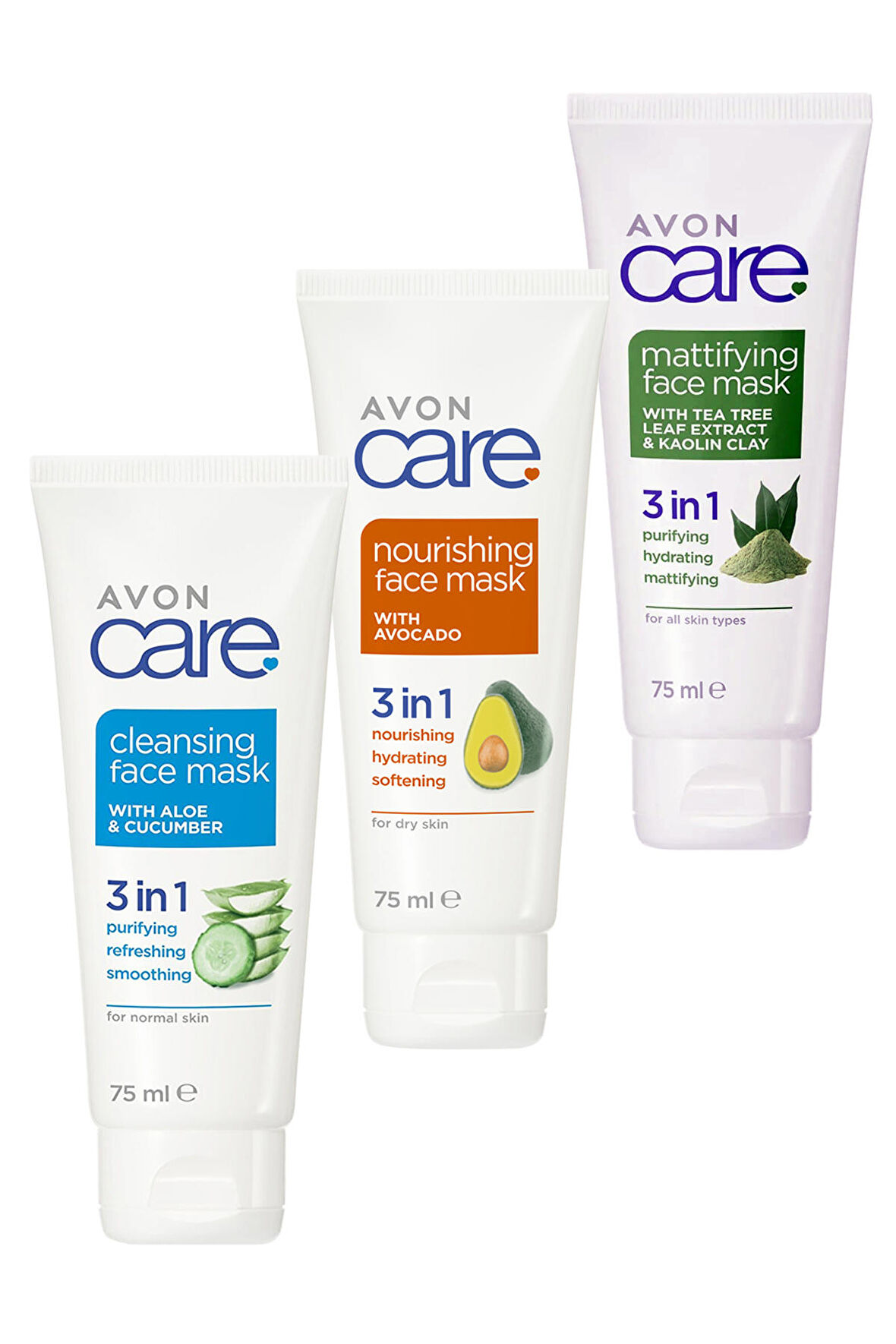 Avon Care Salatalık Aloe Çay Ağacı Kaolin ve Avokado Özlü Üçlü Yüz Maskesi Paketi