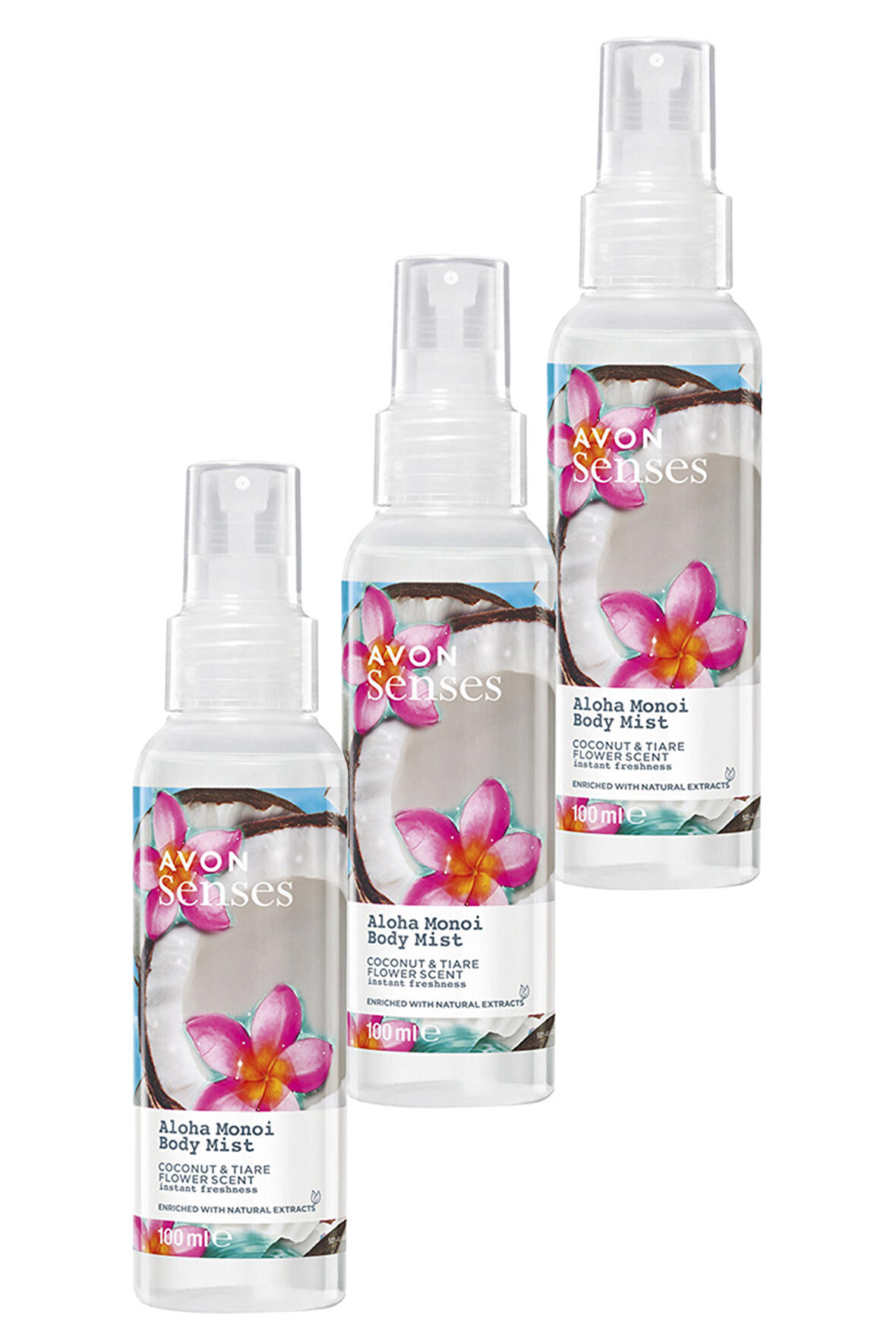 Avon Aloha Monoi Hindistan Cevizi ve Taç Çiçeği Kokulu Vücut Spreyi 100 Ml. Üçlü Set