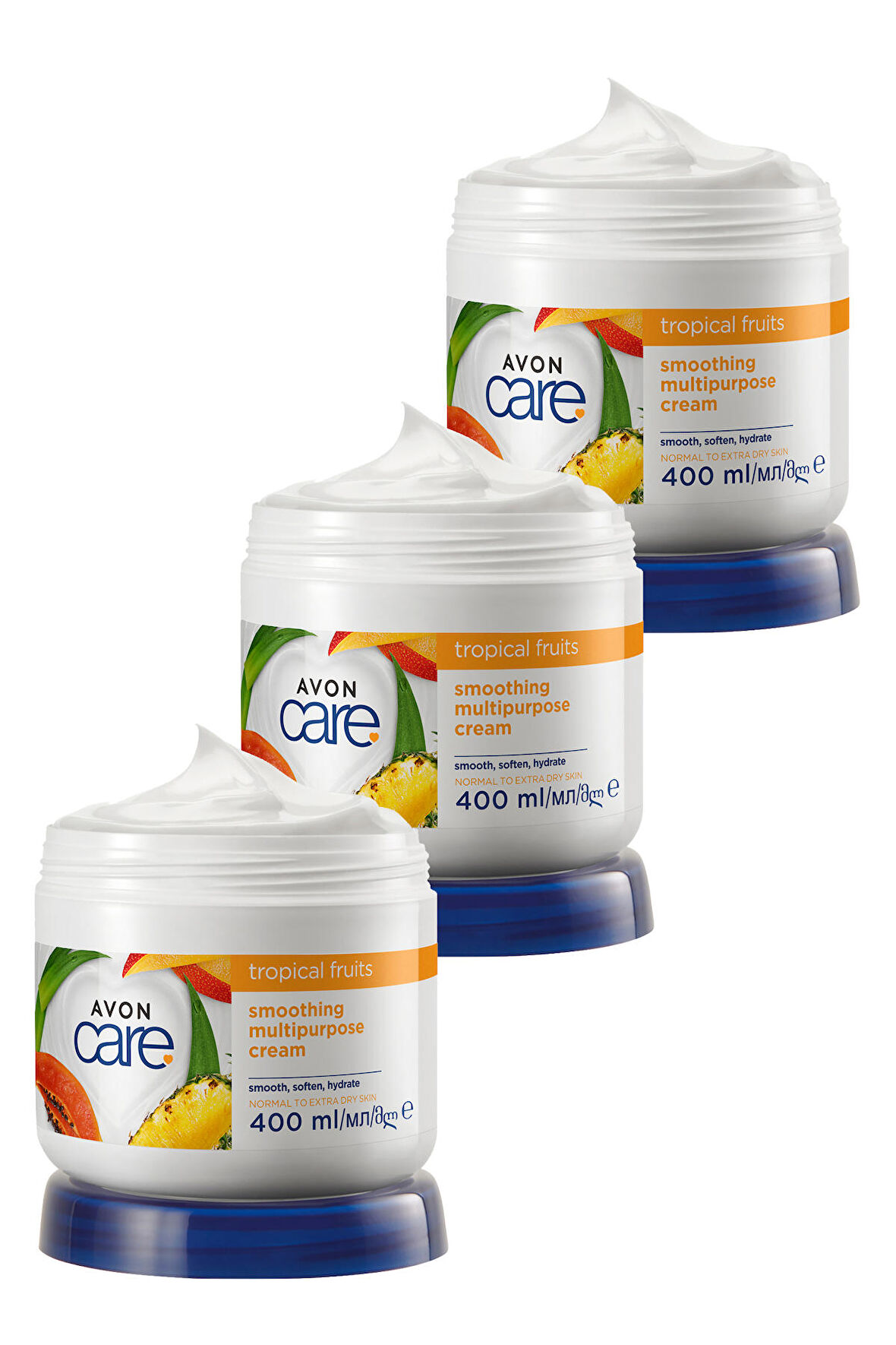 Avon Care Tropical Fruits Ananas, Mango ve Papaya Özlü El ve Vücut Kremi 400 Ml. Üçlü Set