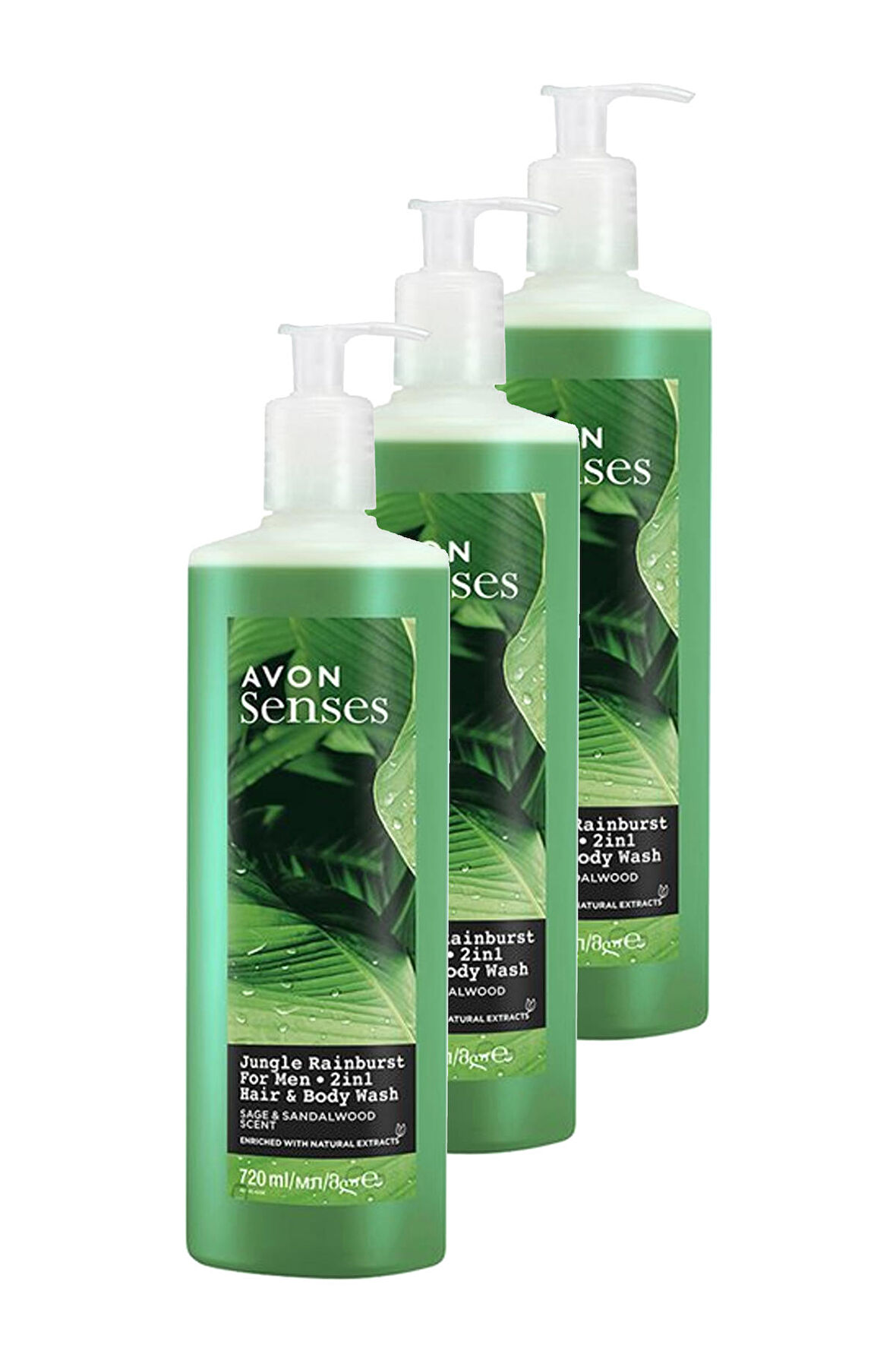 Avon Senses Jungle Rainburst Adaçayı ve Sandal Ağacı Kokulu Erkek Saç ve Vücut Şampuanı 720 Ml. Üçlü Set