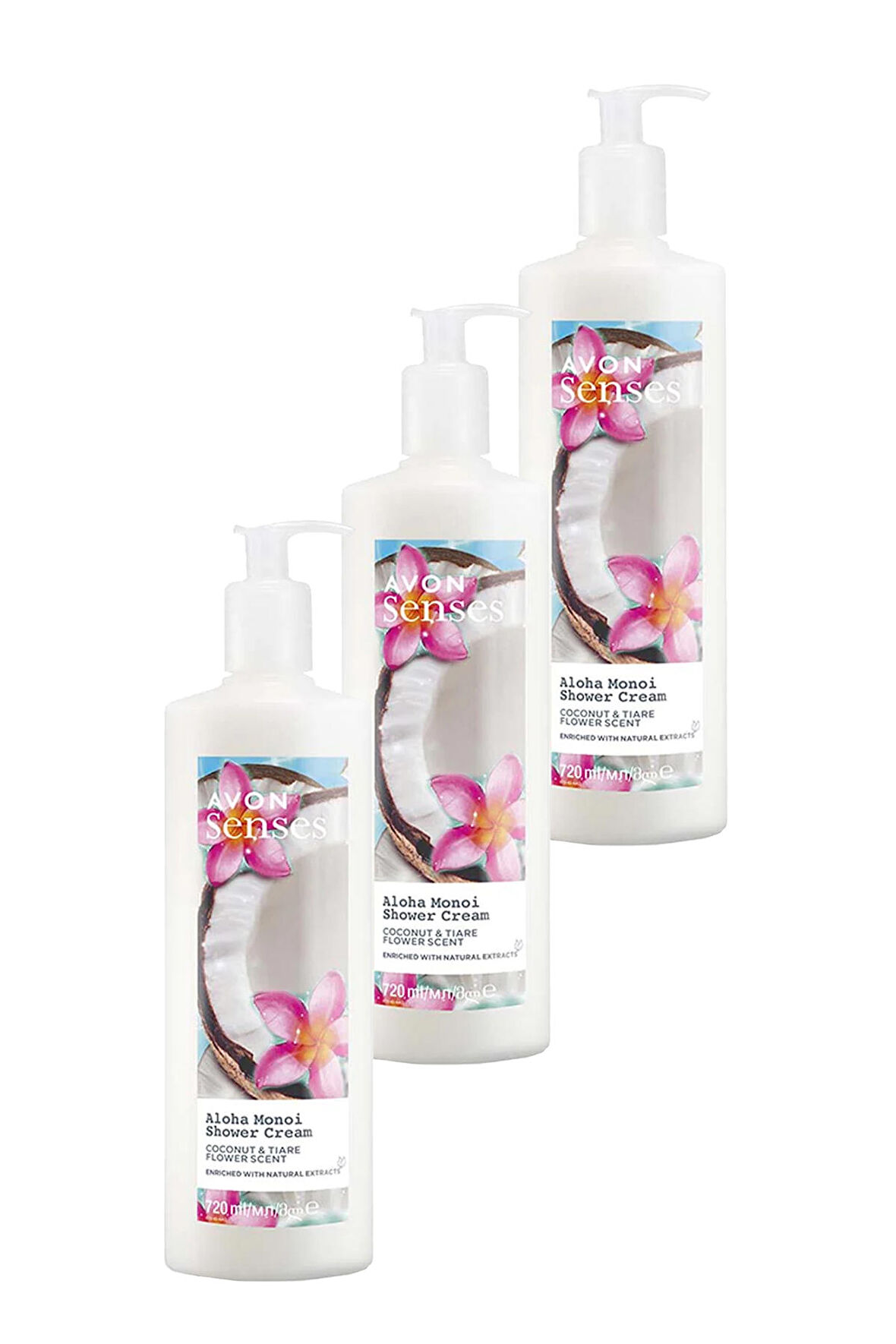 Avon Senses Aloha Monoi Tiare Çiçeği ve Hindistan Cevizi Kokulu Krem Duş Jeli 720 Ml. Üçlü Set
