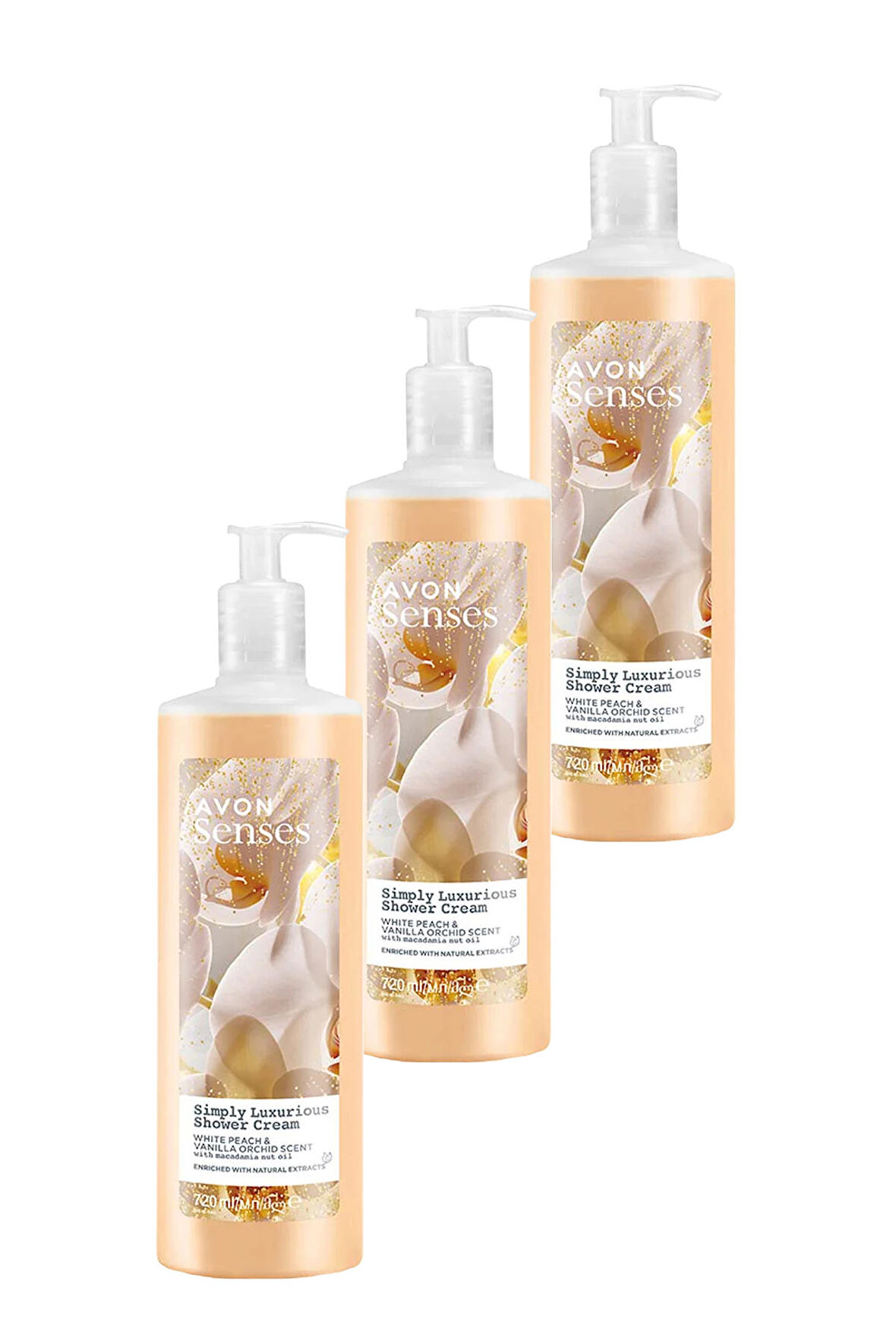 Avon Simply Luxurious Beyaz Şeftali ve Vanilya Orkide Kokulu Duş Kremi 720 Ml. Üçlü Set