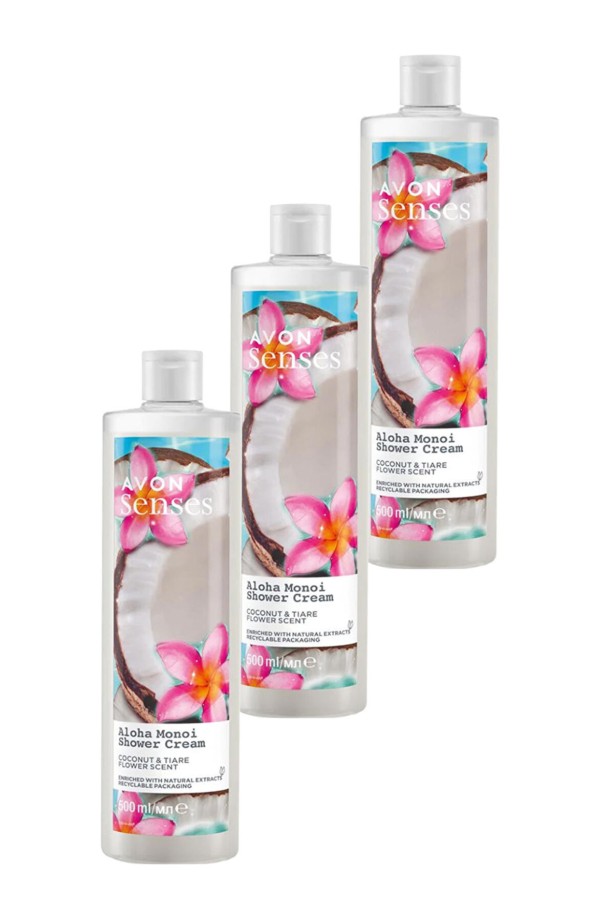 Avon Senses Aloha Monoi Tiare Çiçeği ve Hindistan Cevizi Kokulu Krem Duş Jeli 500 Ml. Üçlü Set