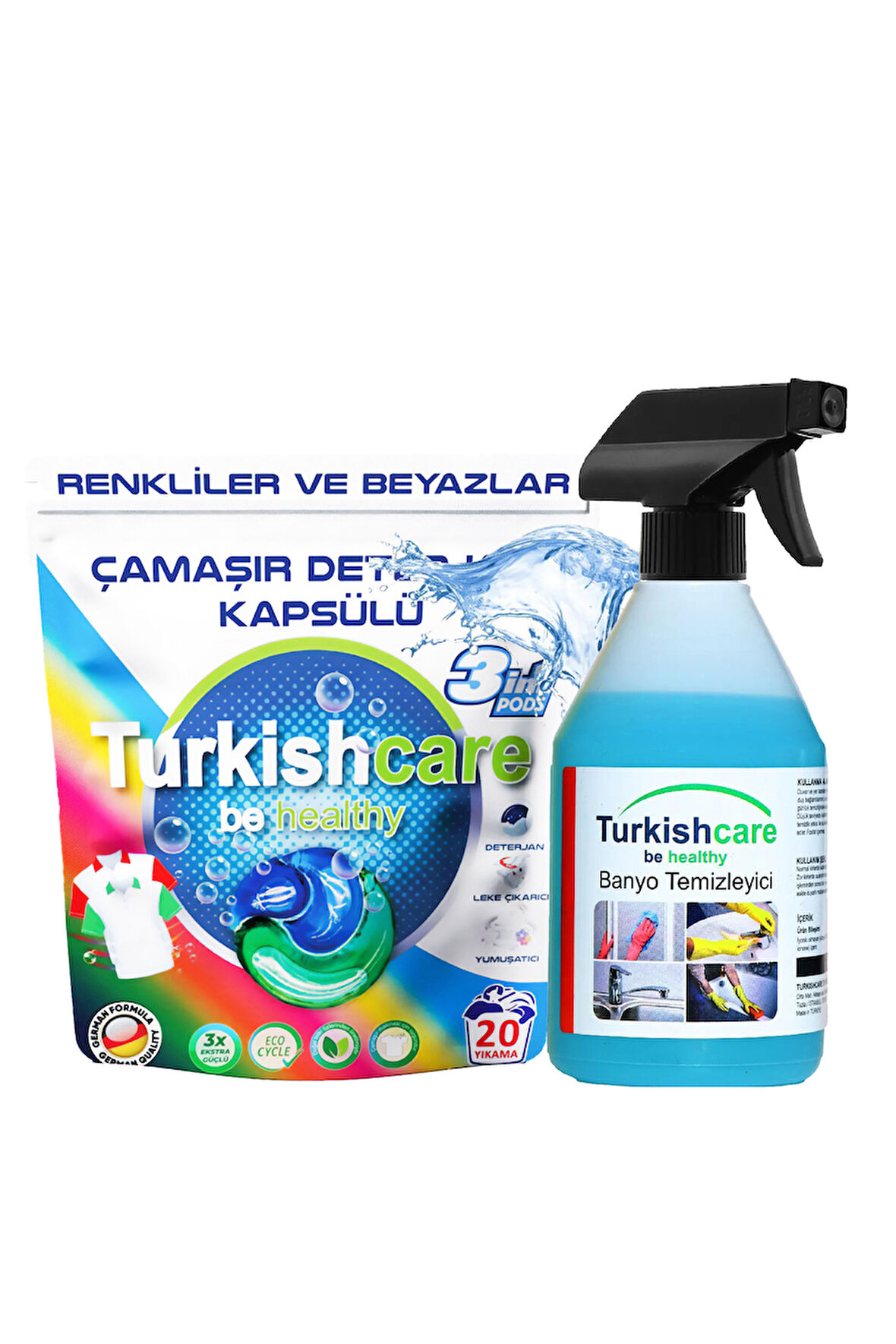 Renkli ve Beyazlar İçin Çamaşır Deterjan Kapsülü ve Banyo Temizleyici Sprey Paketi