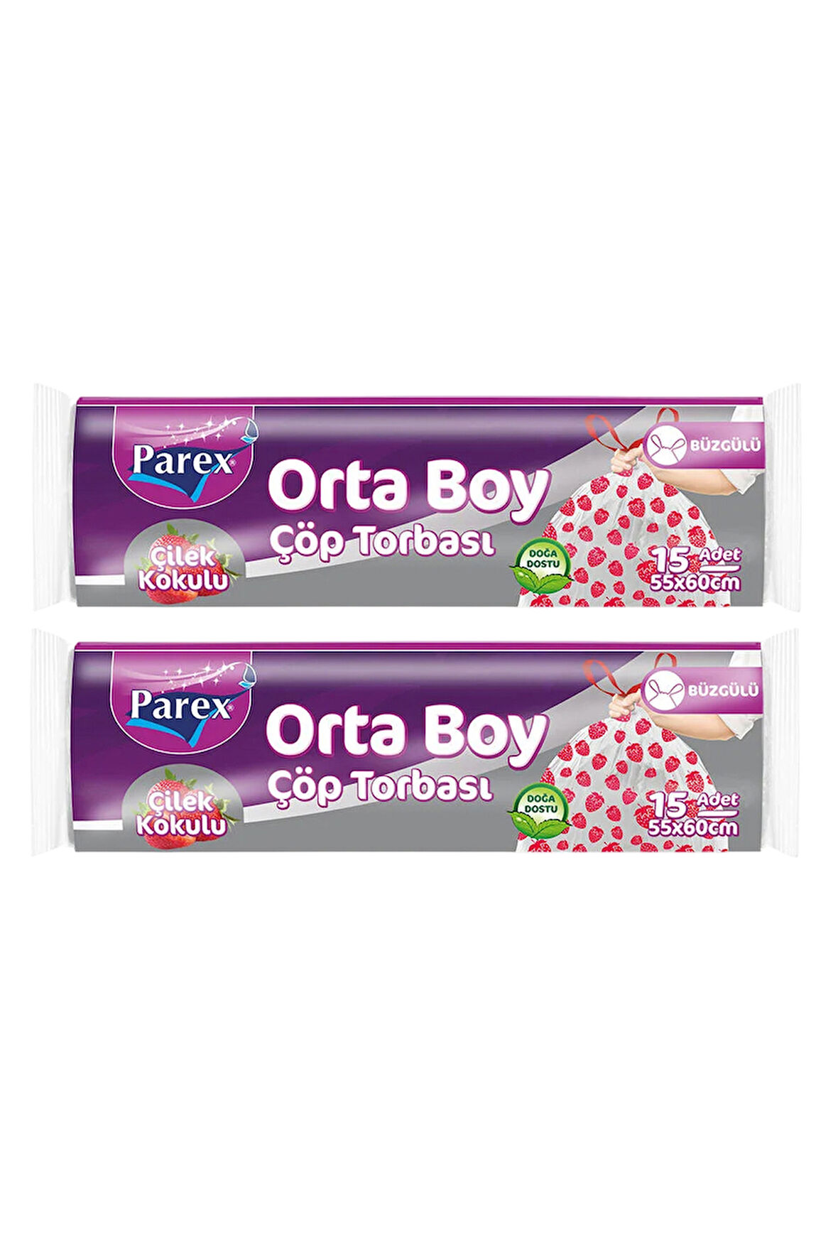 Premium Büzgülü Çöp Torbası Çilek Kokulu Orta Boy 15'li 55 x 60 cm İkili Paket
