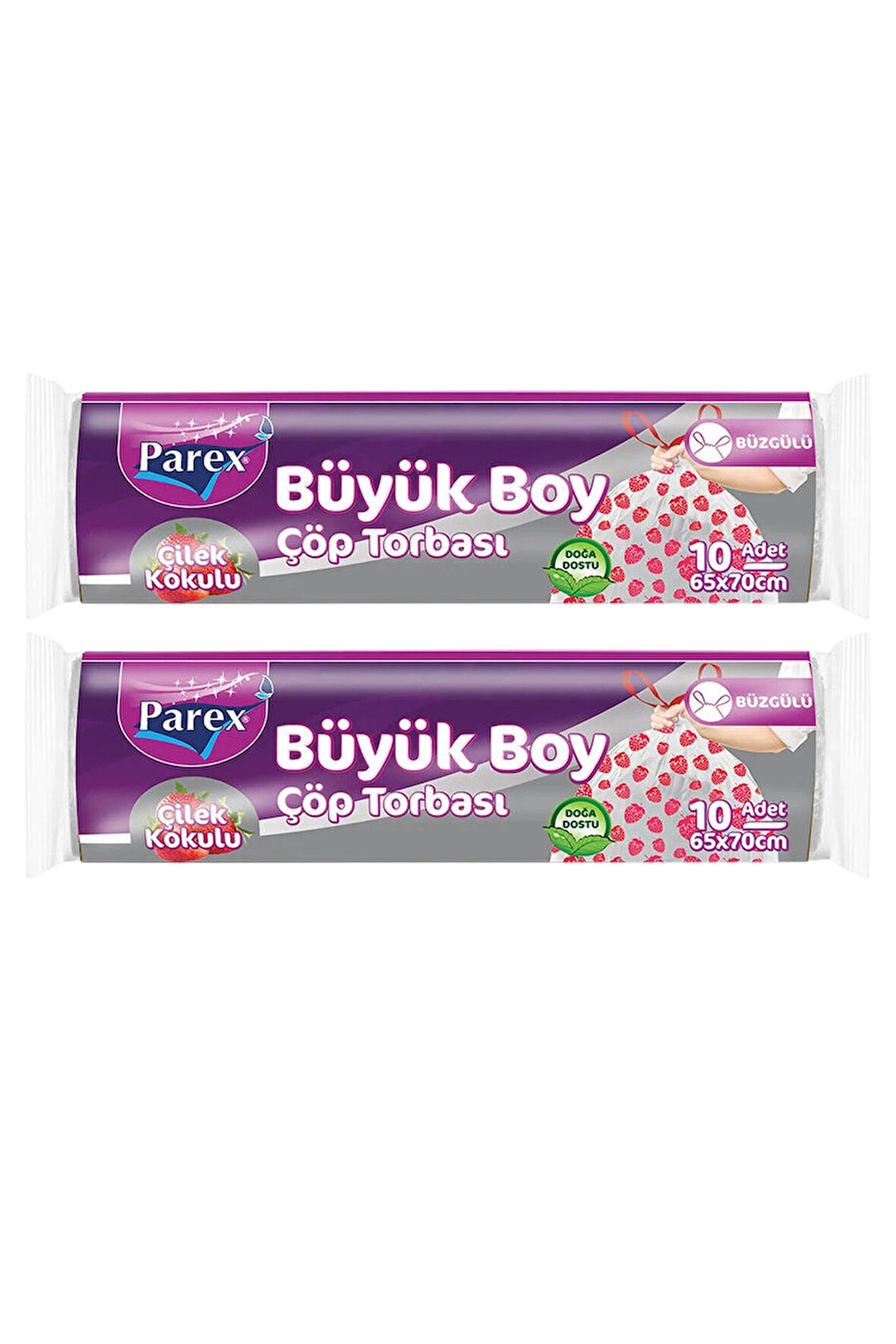 Premium 10'lu Büzgülü Çöp Torbası Çilek Kokulu Büyük Boy 65 x 70 cm İkili Paket