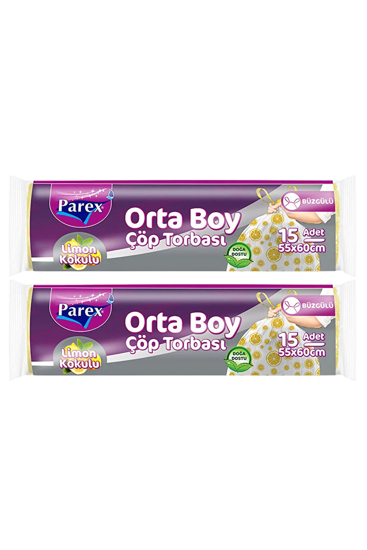 Premium Büzgülü Çöp Torbası Limon Kokulu 15'li Orta Boy 55 x 60 cm İkili Paket