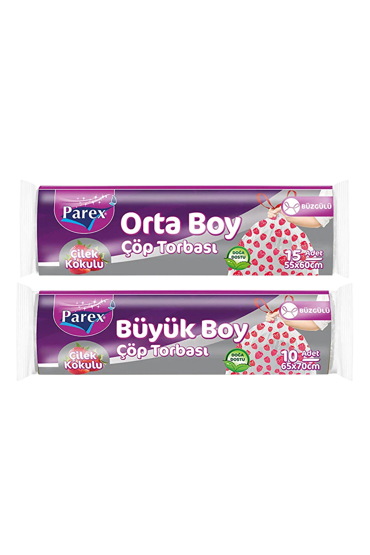Büzgülü Çöp Torbası Çilek Kokulu Büyük ve Orta Boy 2'li Paket