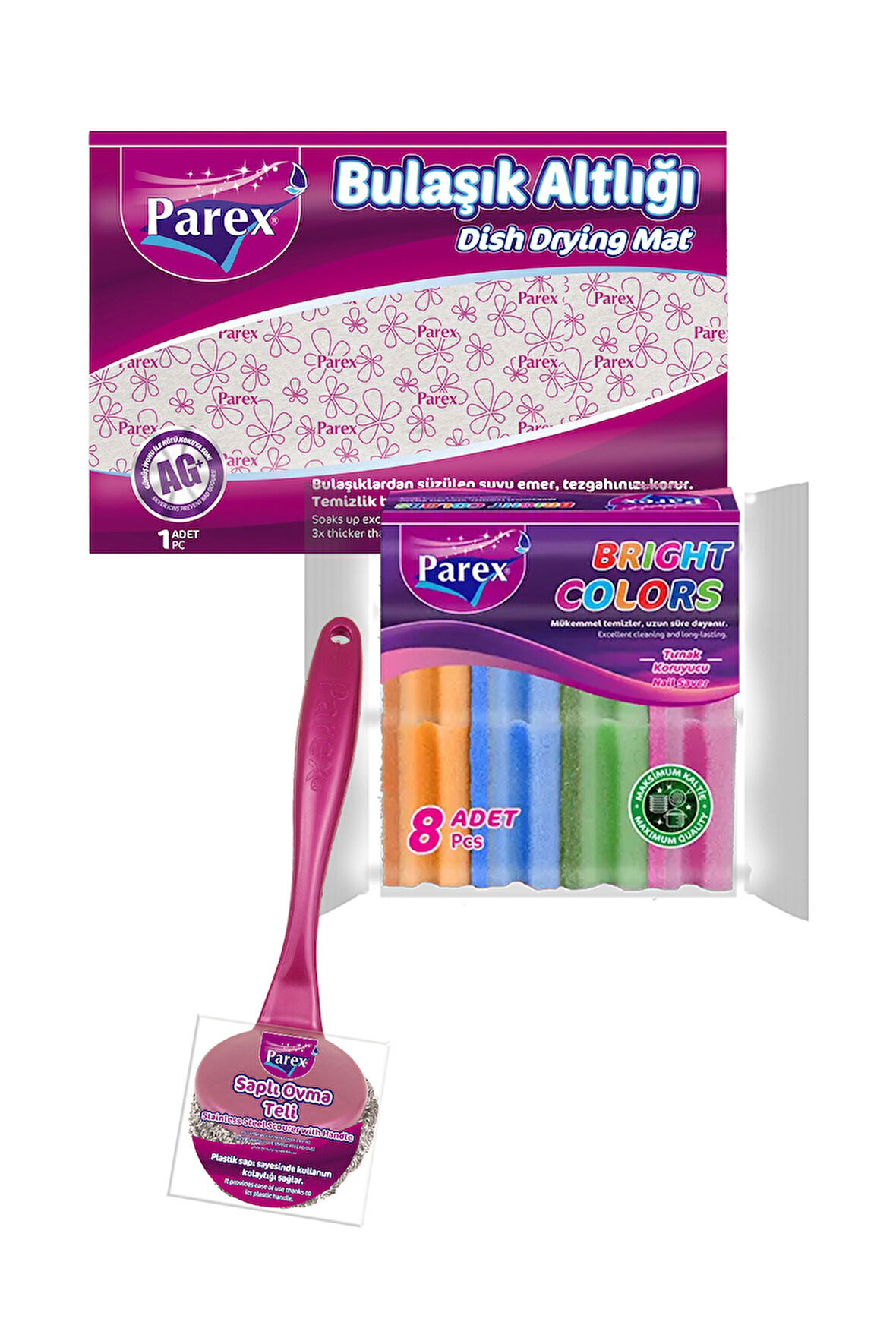 Bulaşık Altlığı 8’li Oluklu Sünger ve Saplı Ovma Teli Paketi