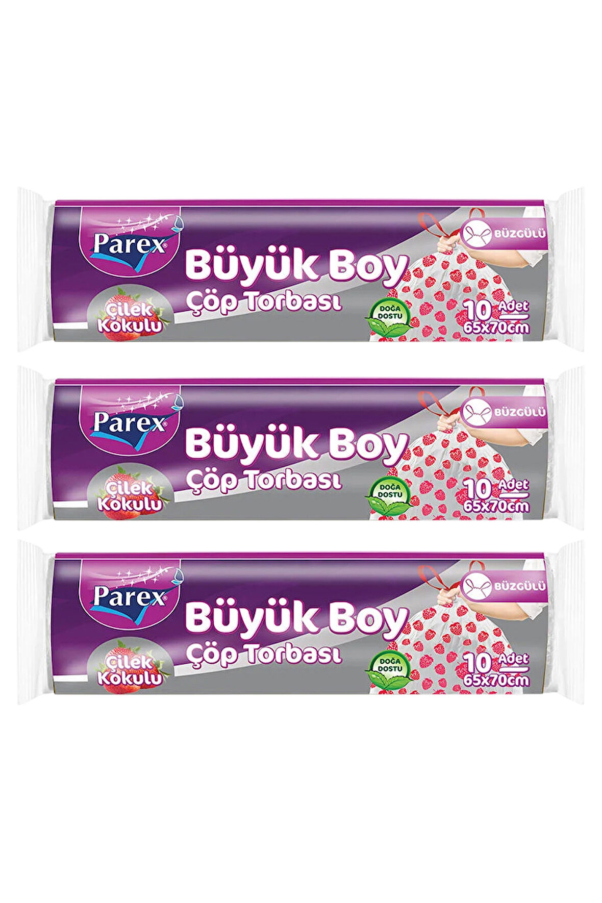 Premium 10'lu Büzgülü Çöp Torbası Çilek Kokulu Büyük Boy 65 x 70 cm Üçlü Paket