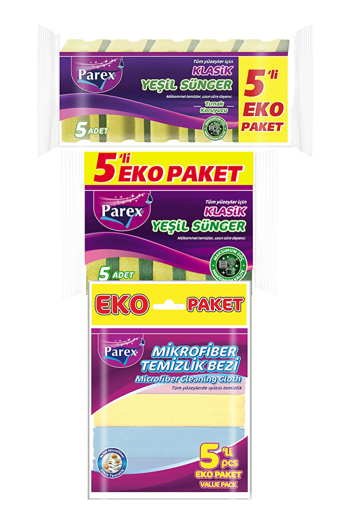 Mikrofiber 5'li Temizlik Bezi, 5'li Oluklu ve Düz Sünger Paketi