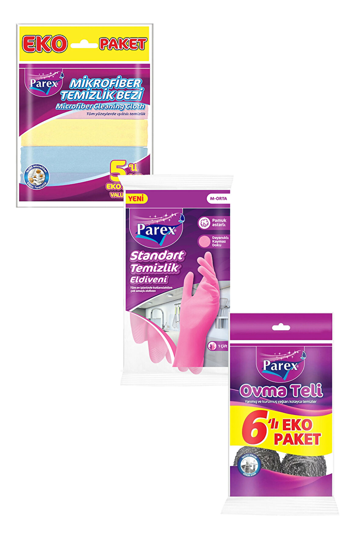 Temizlik Eldiveni 6'lı Ovma Teli ve 5'li Mikrofiber Temizlik Bezi Paketi