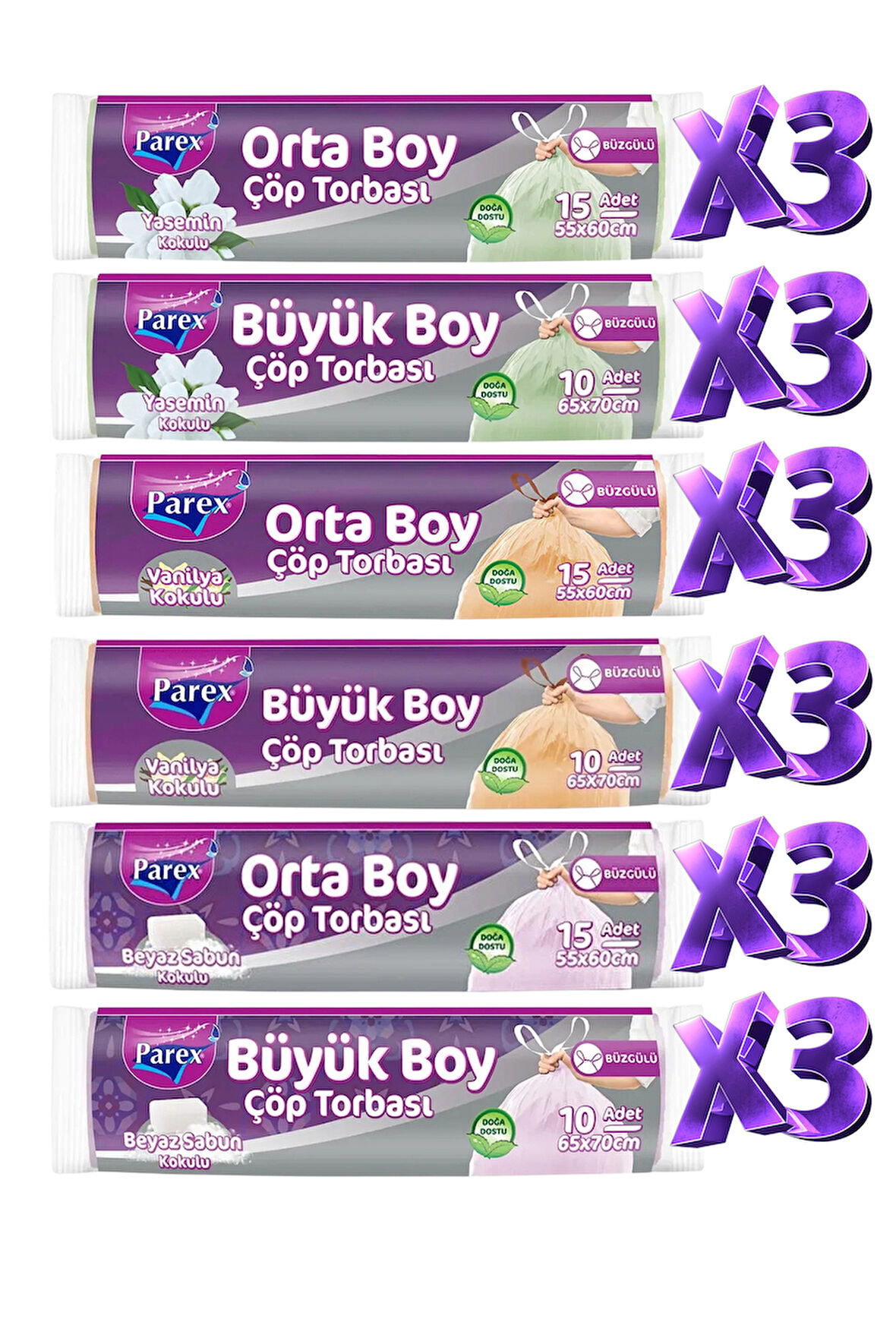 Orta ve Büyük Boy Büzgülü Kokulu 18 Paket Çöp Torbası Seti