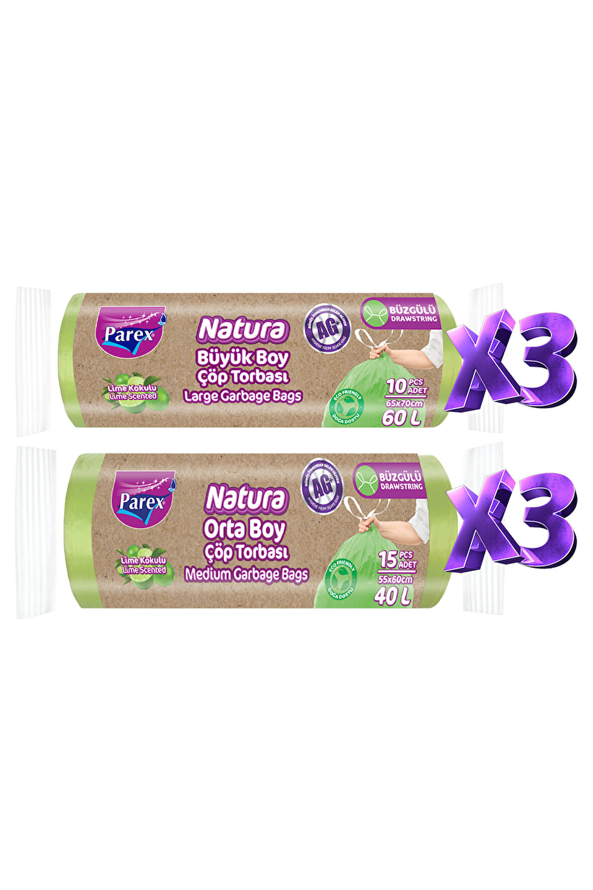 Natura Büzgülü 6 Adet Çöp Torbası Orta ve Büyük Boy Paket