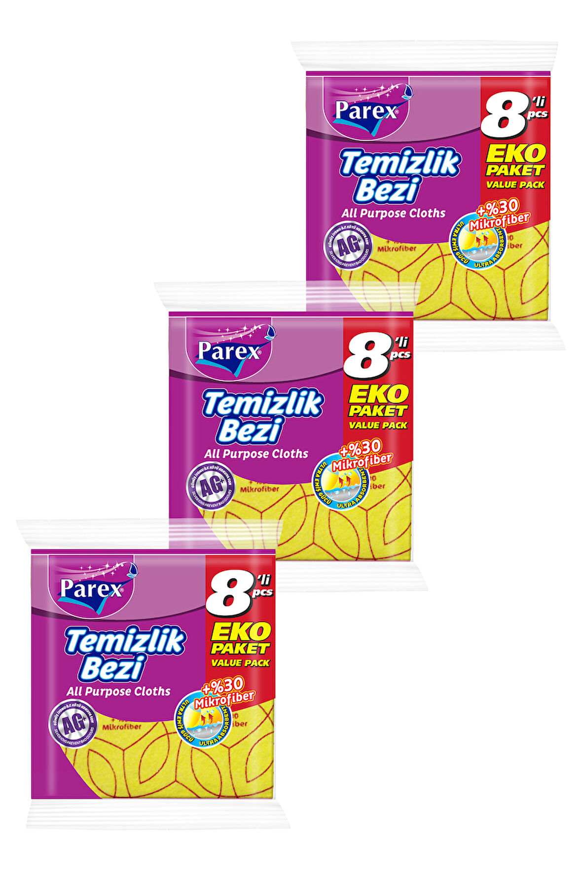 Yüzde 30 8'li Mikrofiber Temizlik Bezi Üçlü Paket