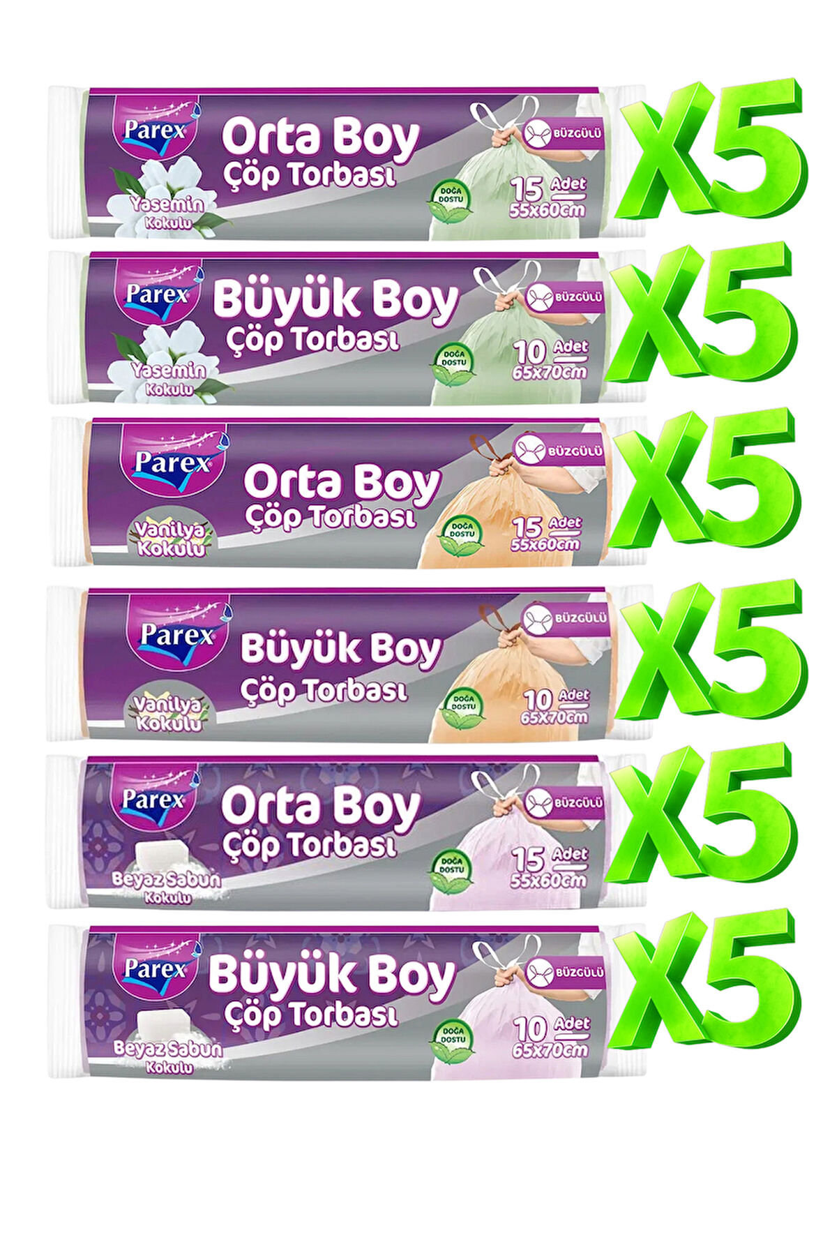 Orta ve Büyük Boy 30 Adet Büzgülü Kokulu Çöp Torbası Paketi