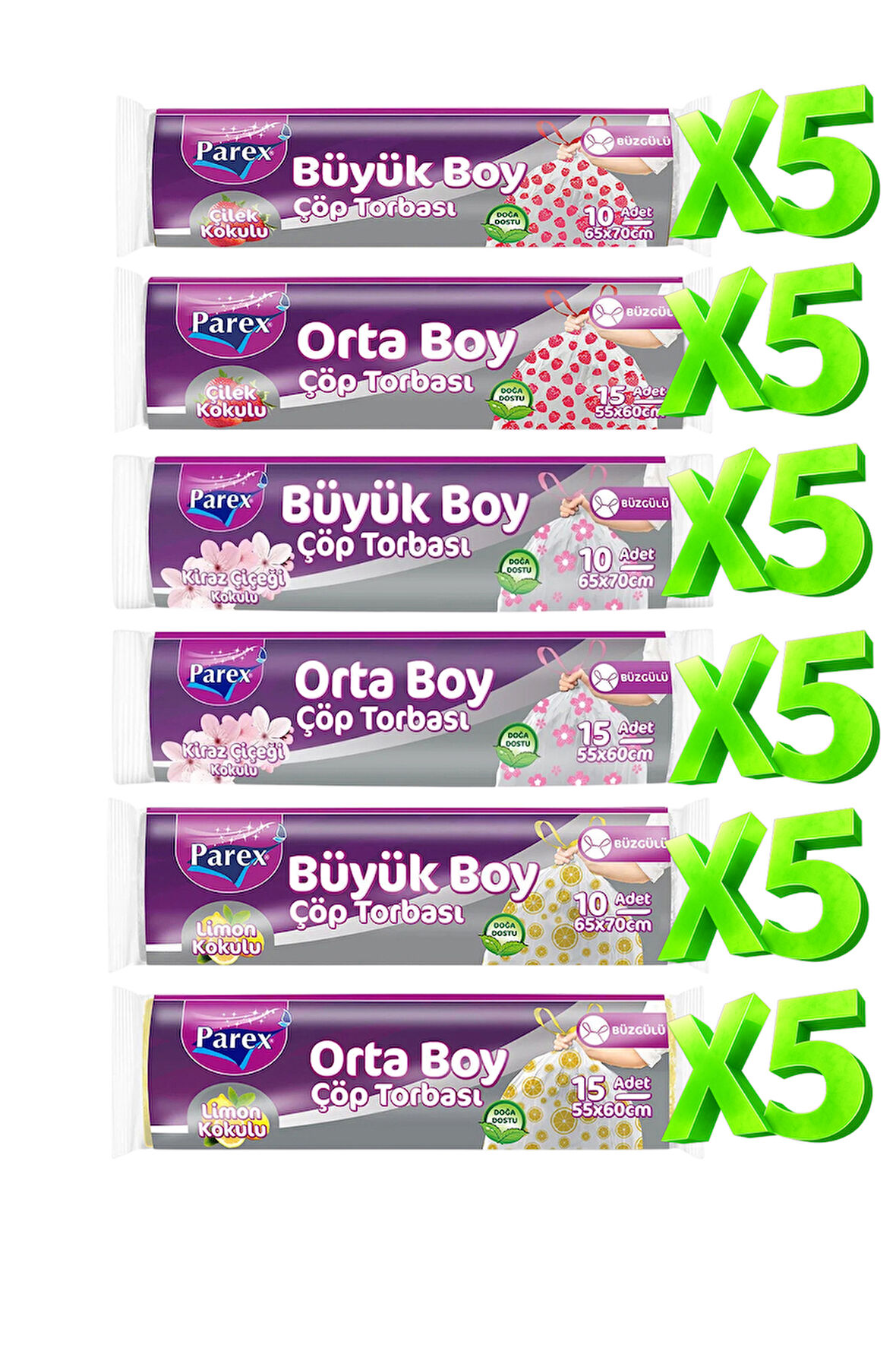 Büzgülü 30 Paket Çöp Torbası Kokulu Büyük ve Orta Boy