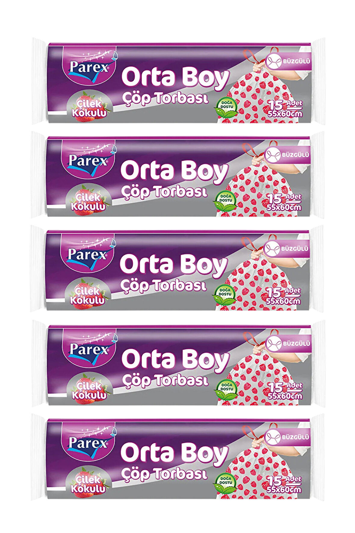 Premium Büzgülü Çöp Torbası Çilek Kokulu Orta Boy 15'li 55 x 60 cm Beşli Paket