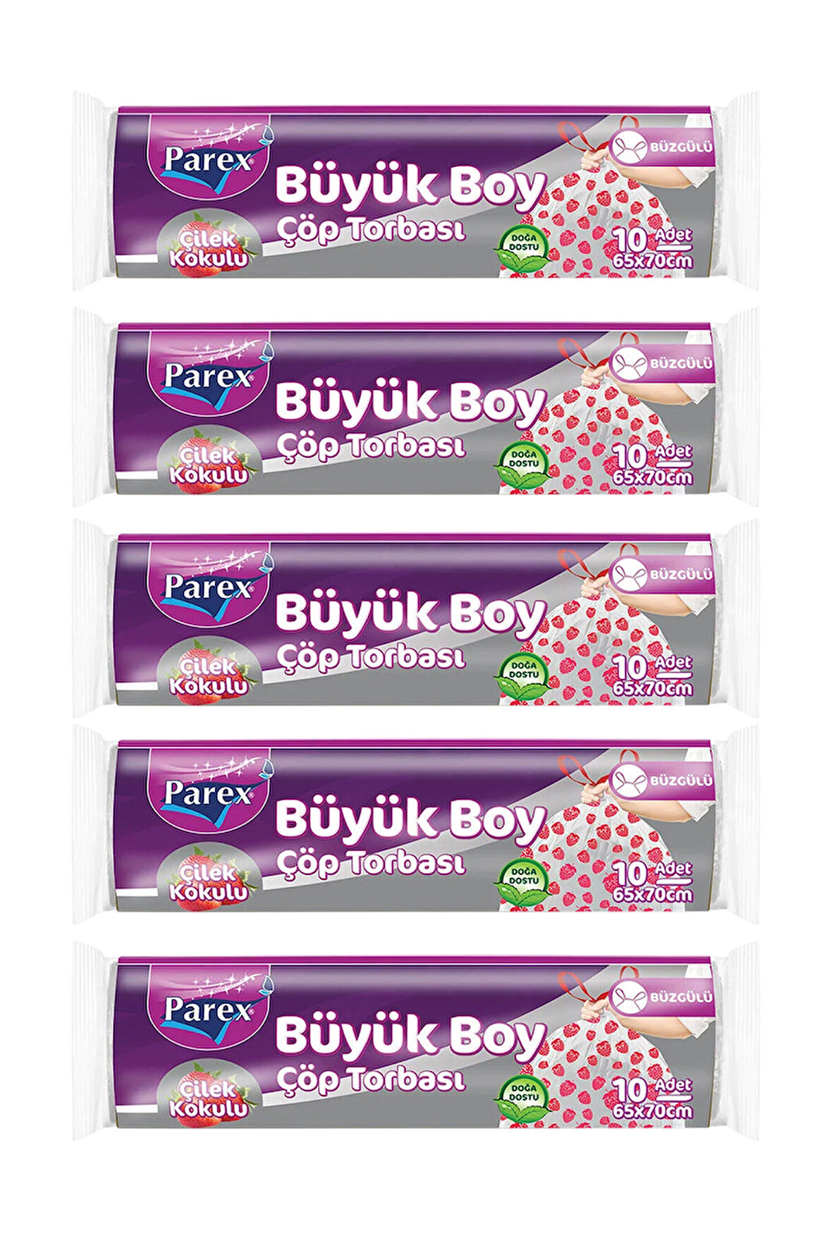 Premium 10'lu Büzgülü Çöp Torbası Çilek Kokulu Büyük Boy 65 x 70 cm Beşli Paket