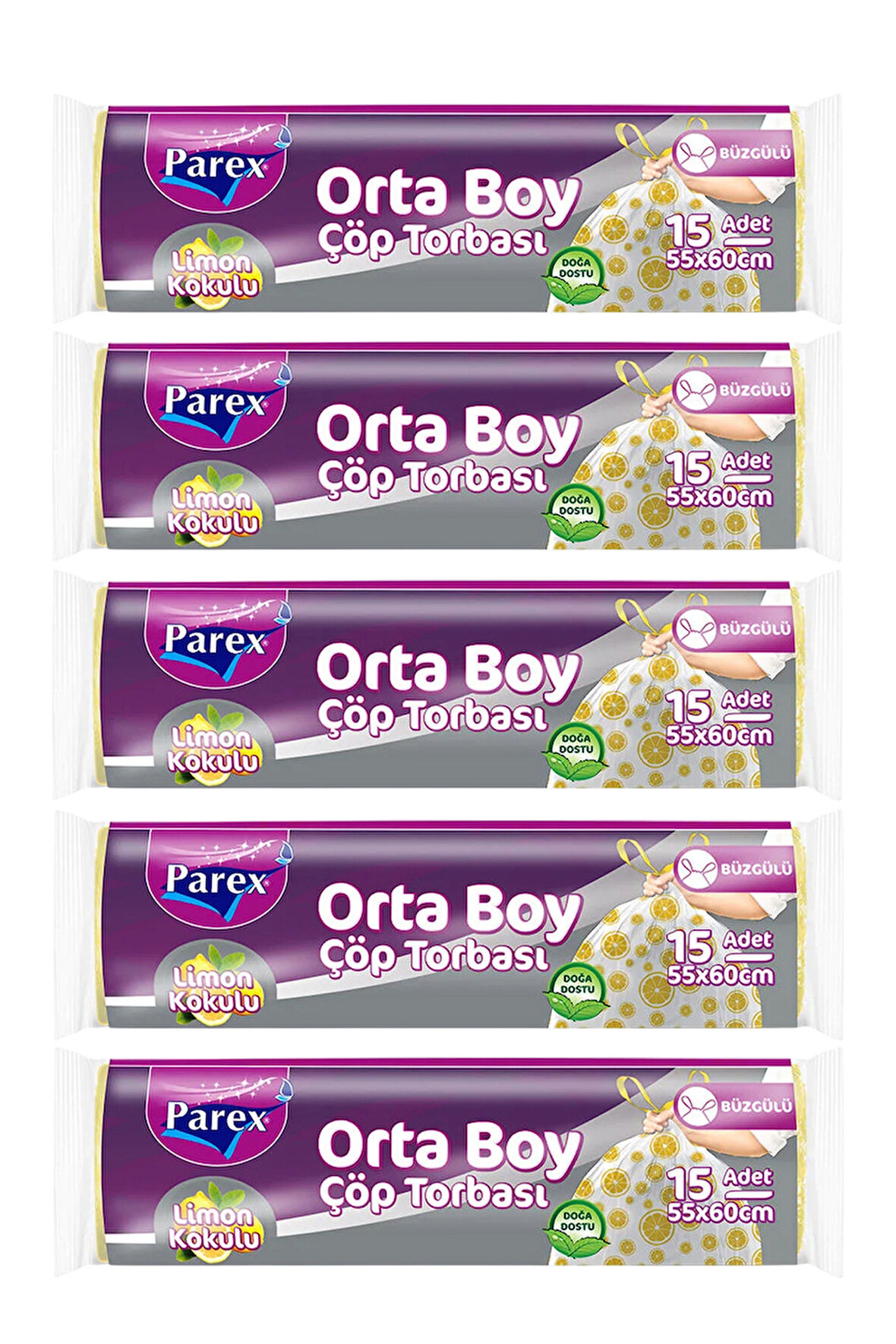 Premium Büzgülü Çöp Torbası Limon Kokulu 15'li Orta Boy 55 x 60 cm Beşli Paket
