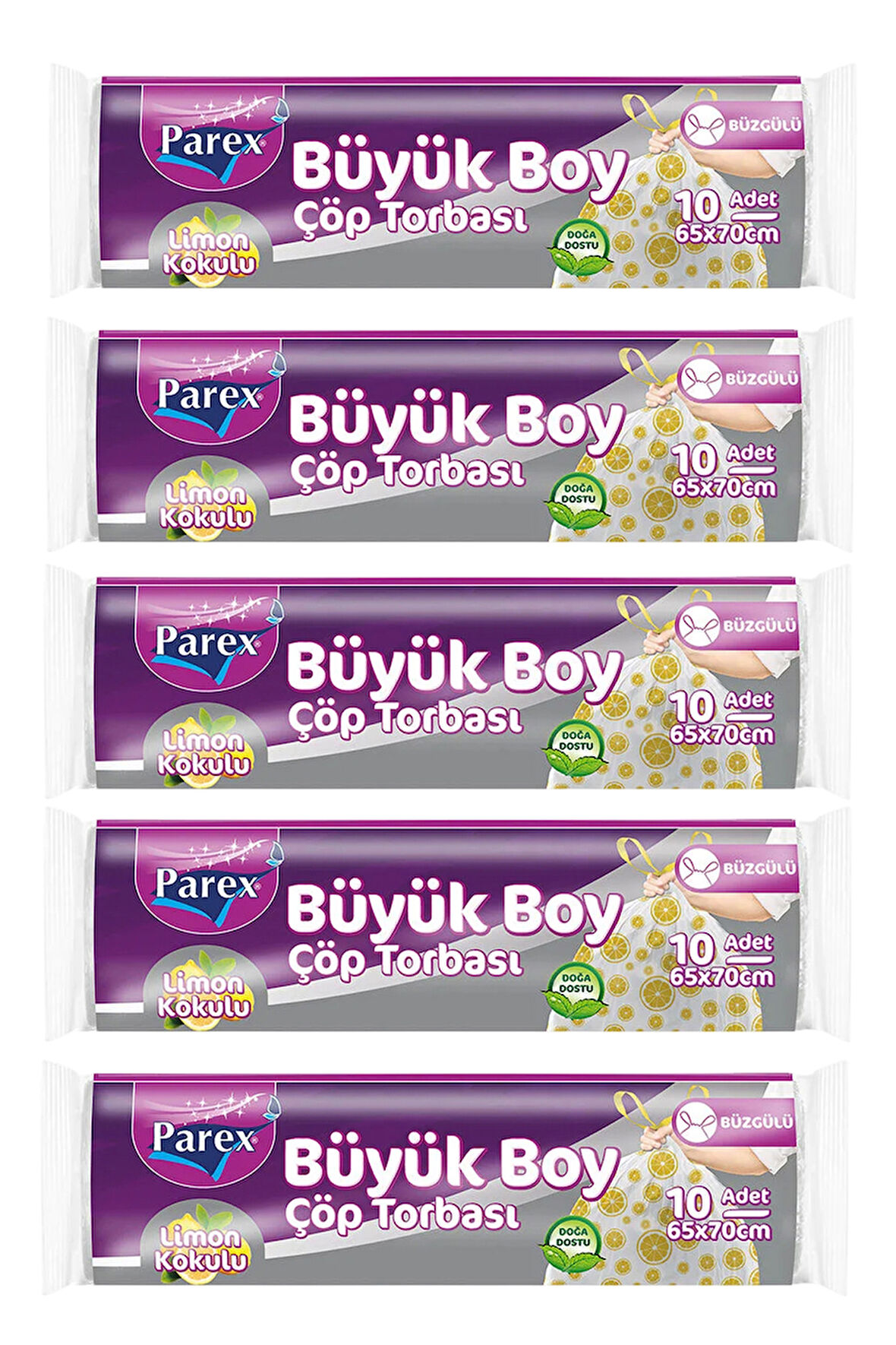 Premium 10'lu Büzgülü Çöp Torbası Limon Kokulu Büyük Boy 65 x 70 cm Beşli Paket