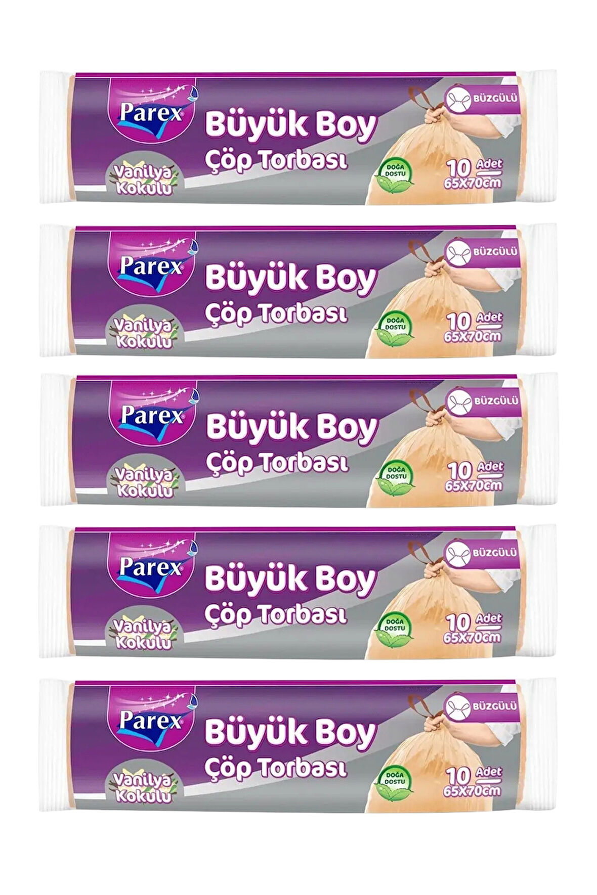 Büzgülü 10'lu Çöp Torbası Vanilya Kokulu Büyük Boy 65 x 70 cm Beşli Paket