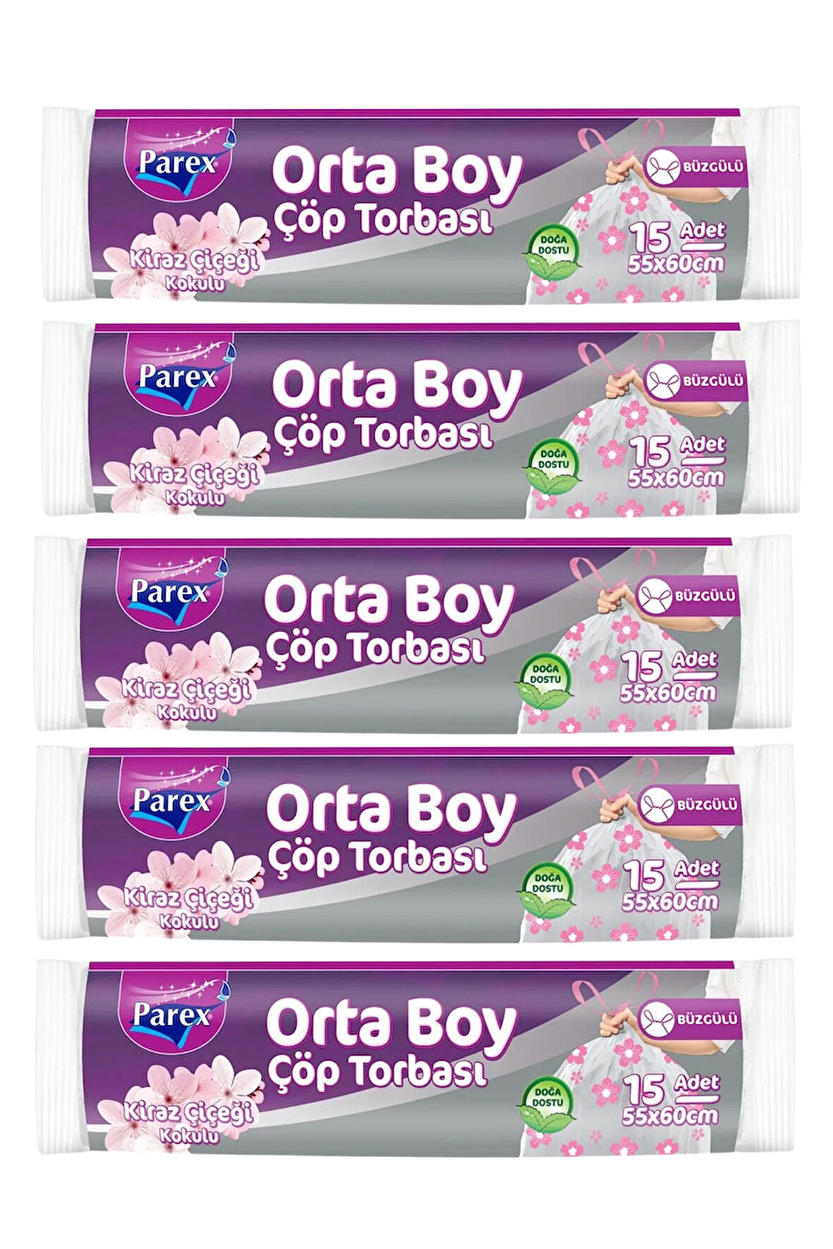 Büzgülü Çöp Torbası Kiraz Çiçeği Kokulu 15'li Orta Boy 55 x 60 cm Beşli Paket